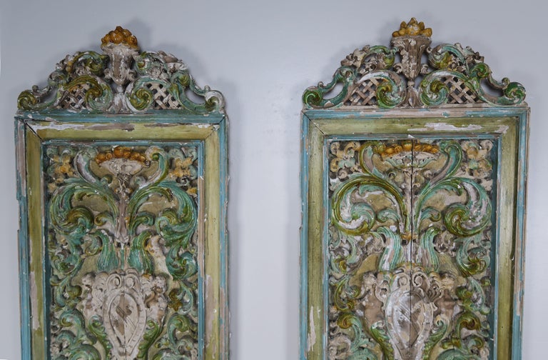 19th Century Italian Painted Carved Wood Panels, Pair at 1stDibs