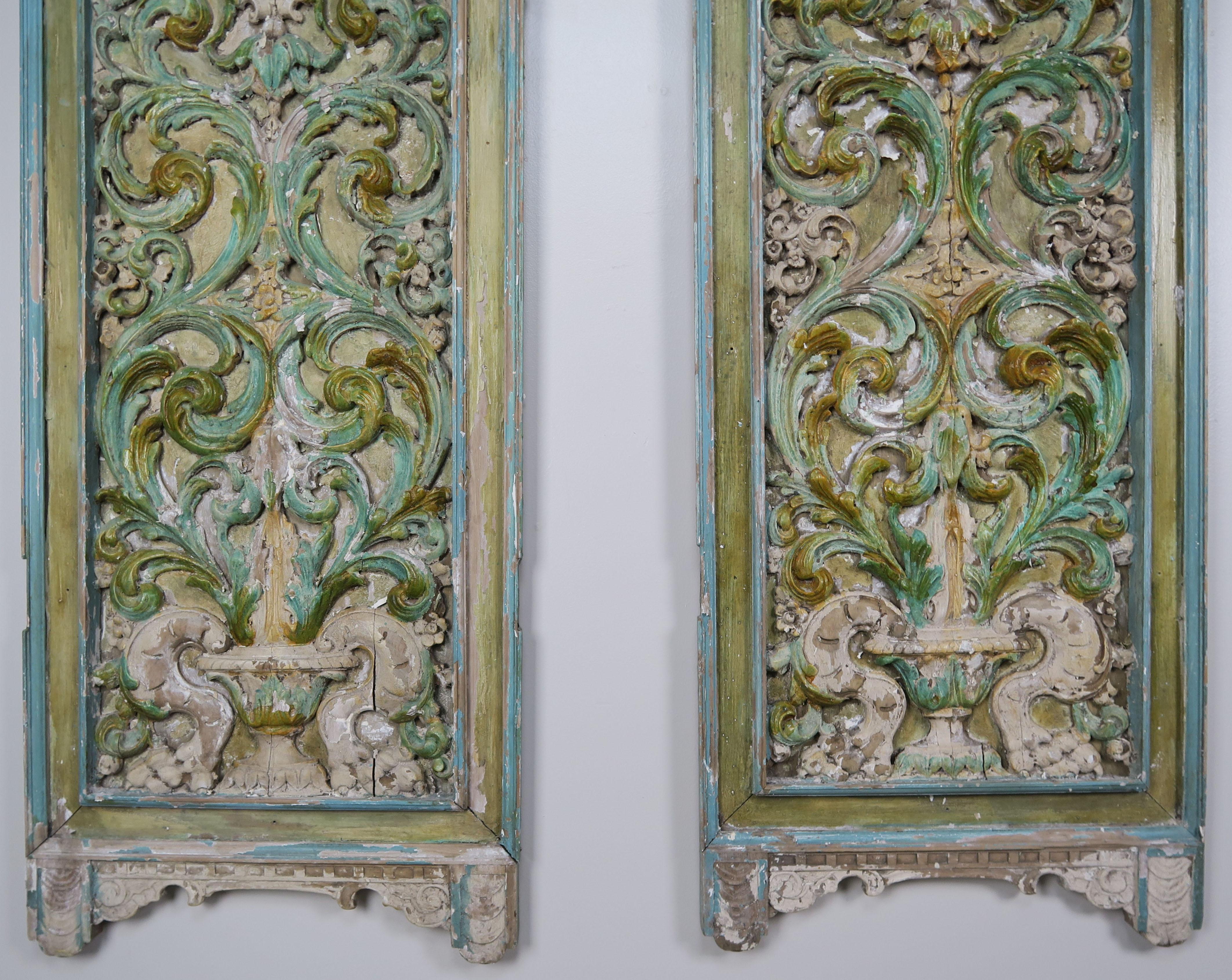 19th Century Italian Painted Carved Wood Panels, Pair In Distressed Condition In Los Angeles, CA