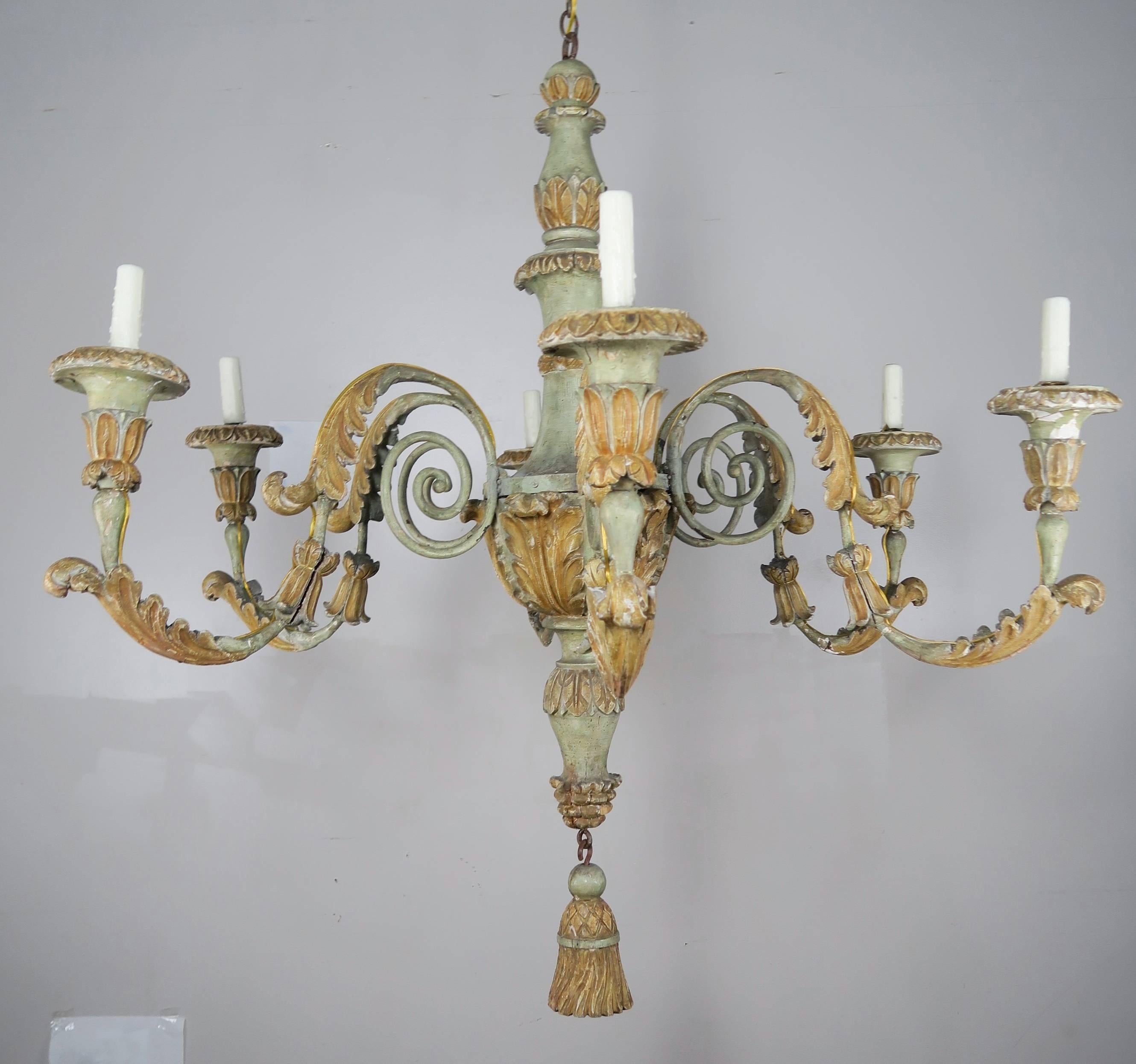 19th Century Italian Painted Wood and Iron Chandelier In Distressed Condition In Los Angeles, CA