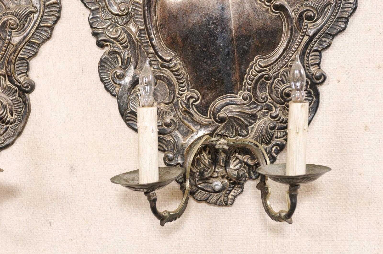 19th C Italian Pair of Baroque Style Silver 2-Light Wall Sconces, Wired for US For Sale 5