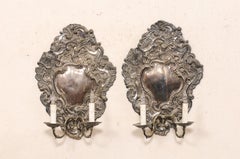 19th C Italian Pair of Baroque Style Silver 2-Light Wall Sconces, Wired for US