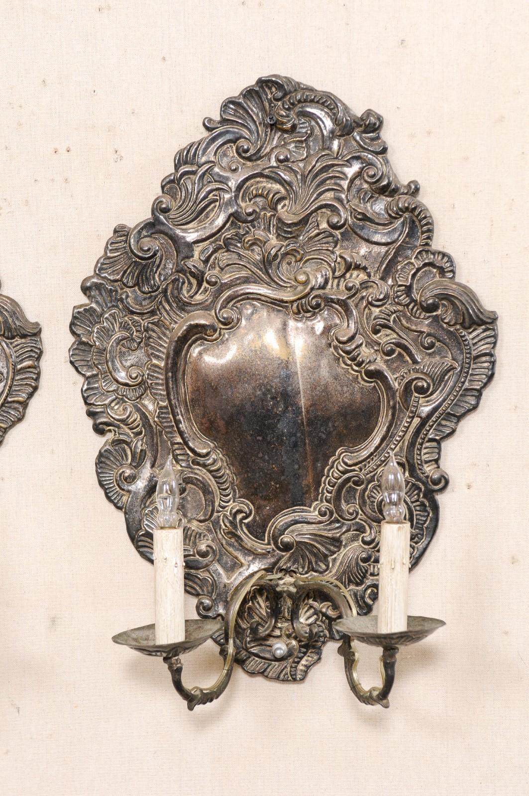 19th Century 19th C Italian Pair of Baroque Style Silver 2-Light Wall Sconces, Wired for US For Sale