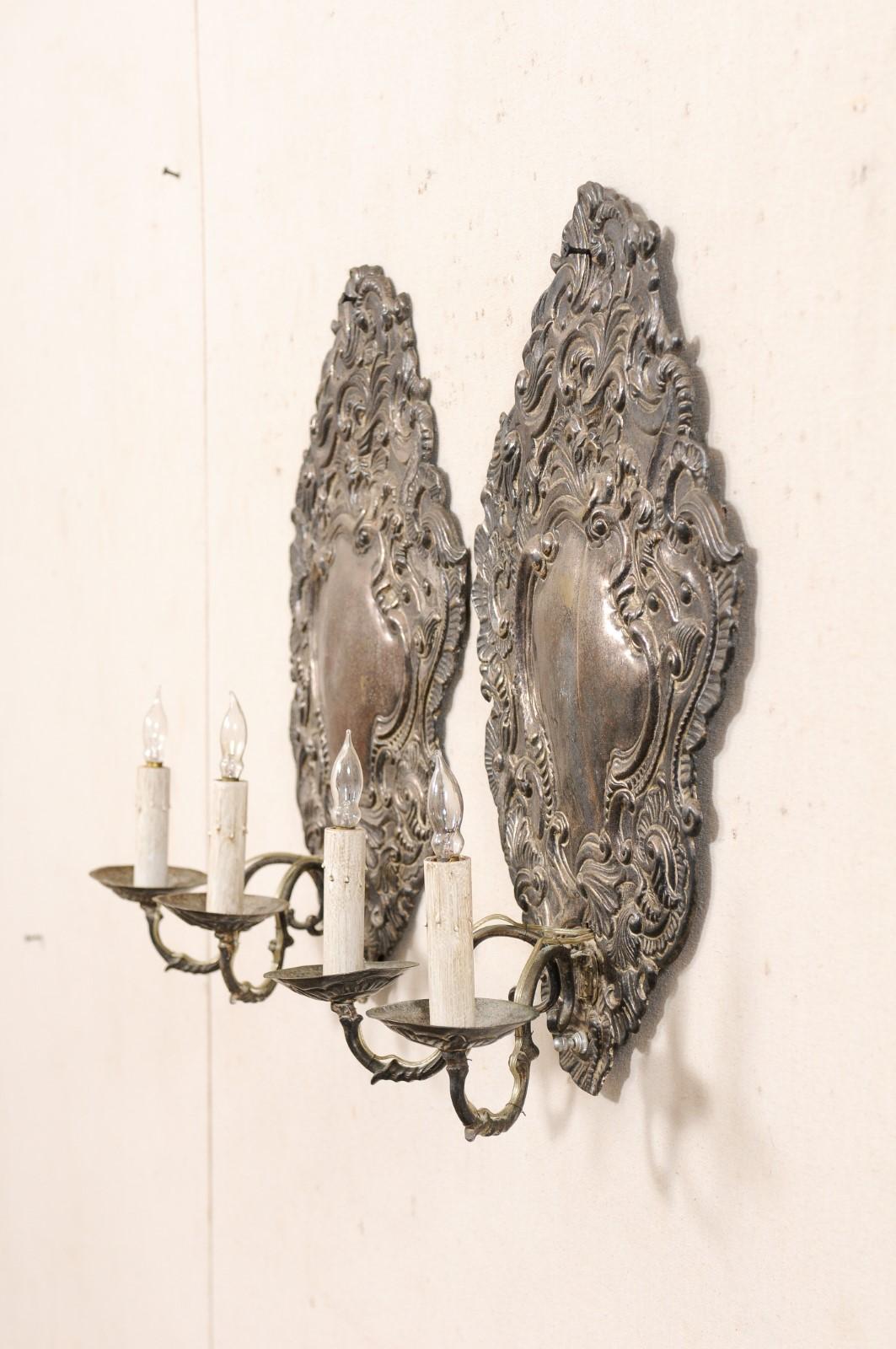 Silver Plate 19th C Italian Pair of Baroque Style Silver 2-Light Wall Sconces, Wired for US For Sale