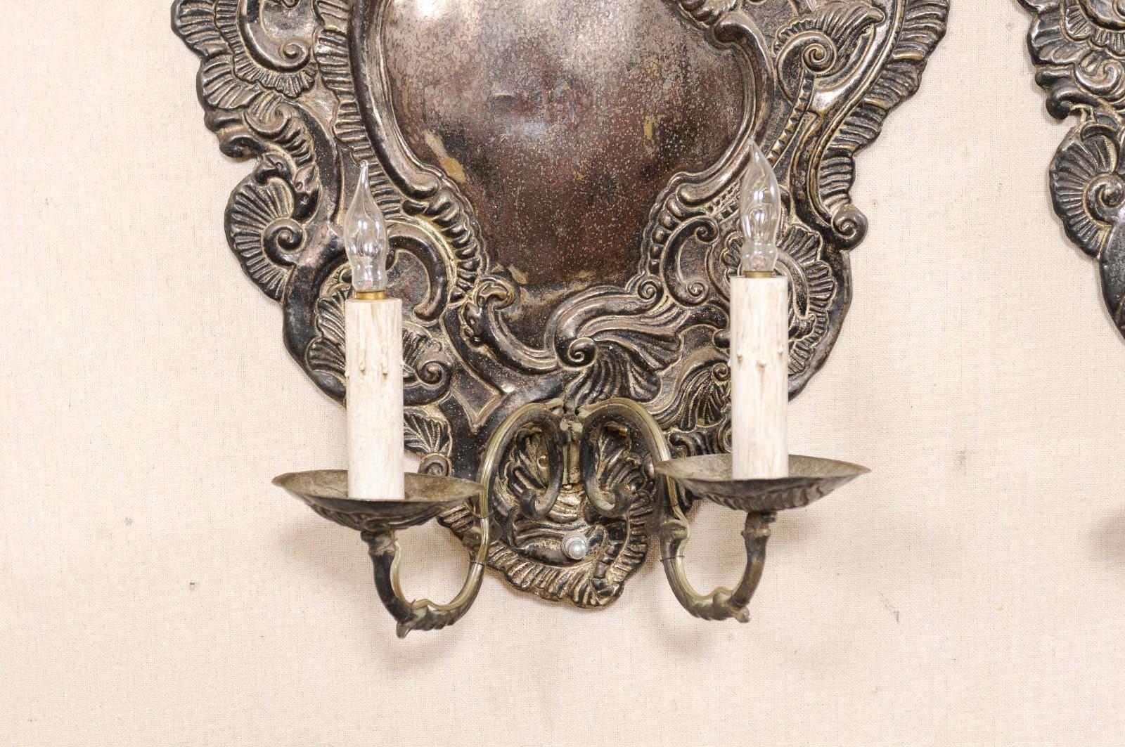 19th C Italian Pair of Baroque Style Silver 2-Light Wall Sconces, Wired for US For Sale 4