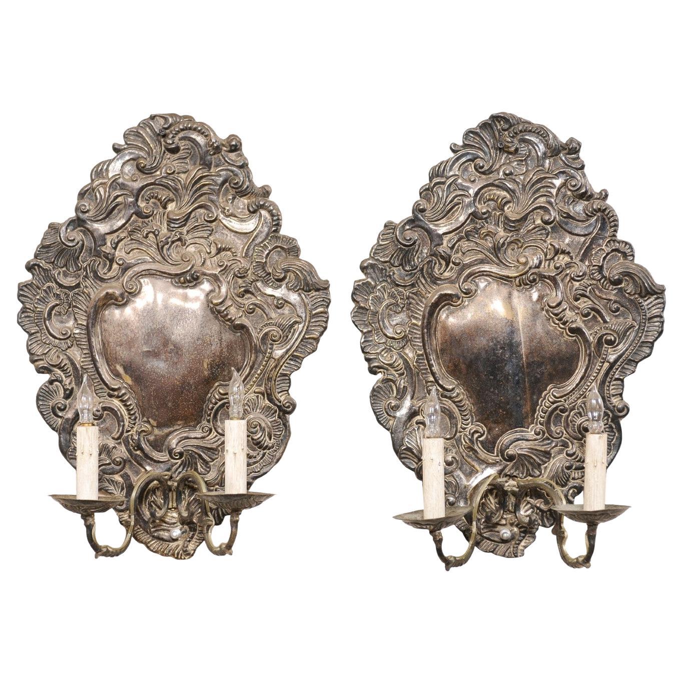 19th C Italian Pair of Baroque Style Silver 2-Light Wall Sconces, Wired for US For Sale
