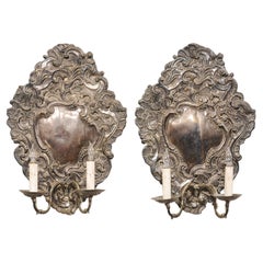 Antique 19th C Italian Pair of Baroque Style Silver 2-Light Wall Sconces, Wired for US