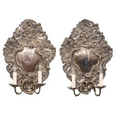 Antique 19th C Italian Pair of Baroque Style Silver 2-Light Wall Sconces, Wired for US