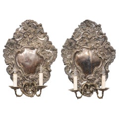 19th C Italian Pair of Baroque Style Silver 2-Light Wall Sconces, Wired for US