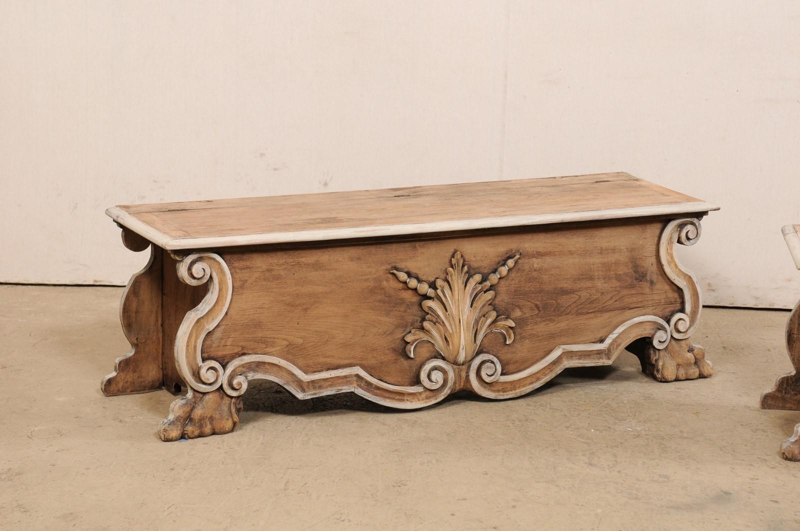 19th C. Italian Pair of Wooden Baroque-Style Benches 'with Storage Beneath Seat' In Good Condition In Atlanta, GA