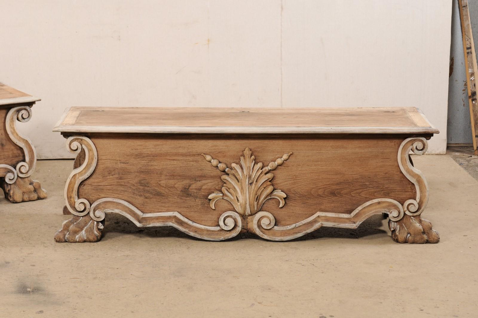 19th Century 19th C. Italian Pair of Wooden Baroque-Style Benches 'with Storage Beneath Seat'