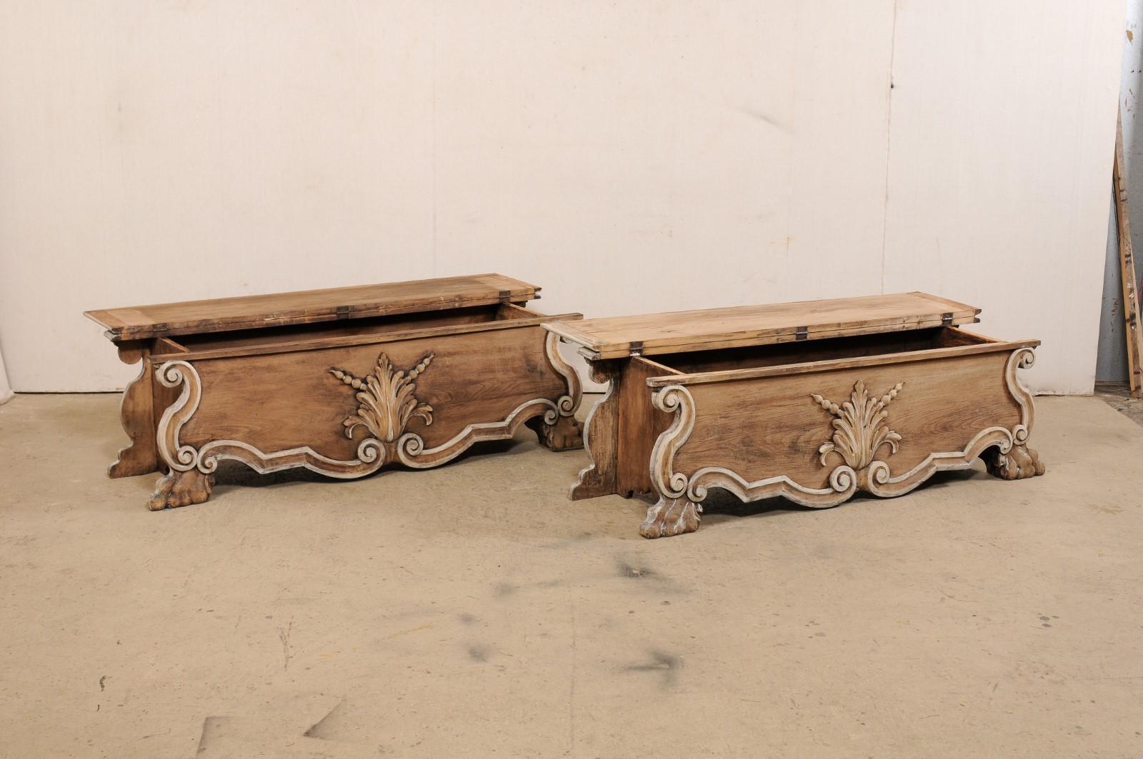 19th C. Italian Pair of Wooden Baroque-Style Benches 'with Storage Beneath Seat' 1