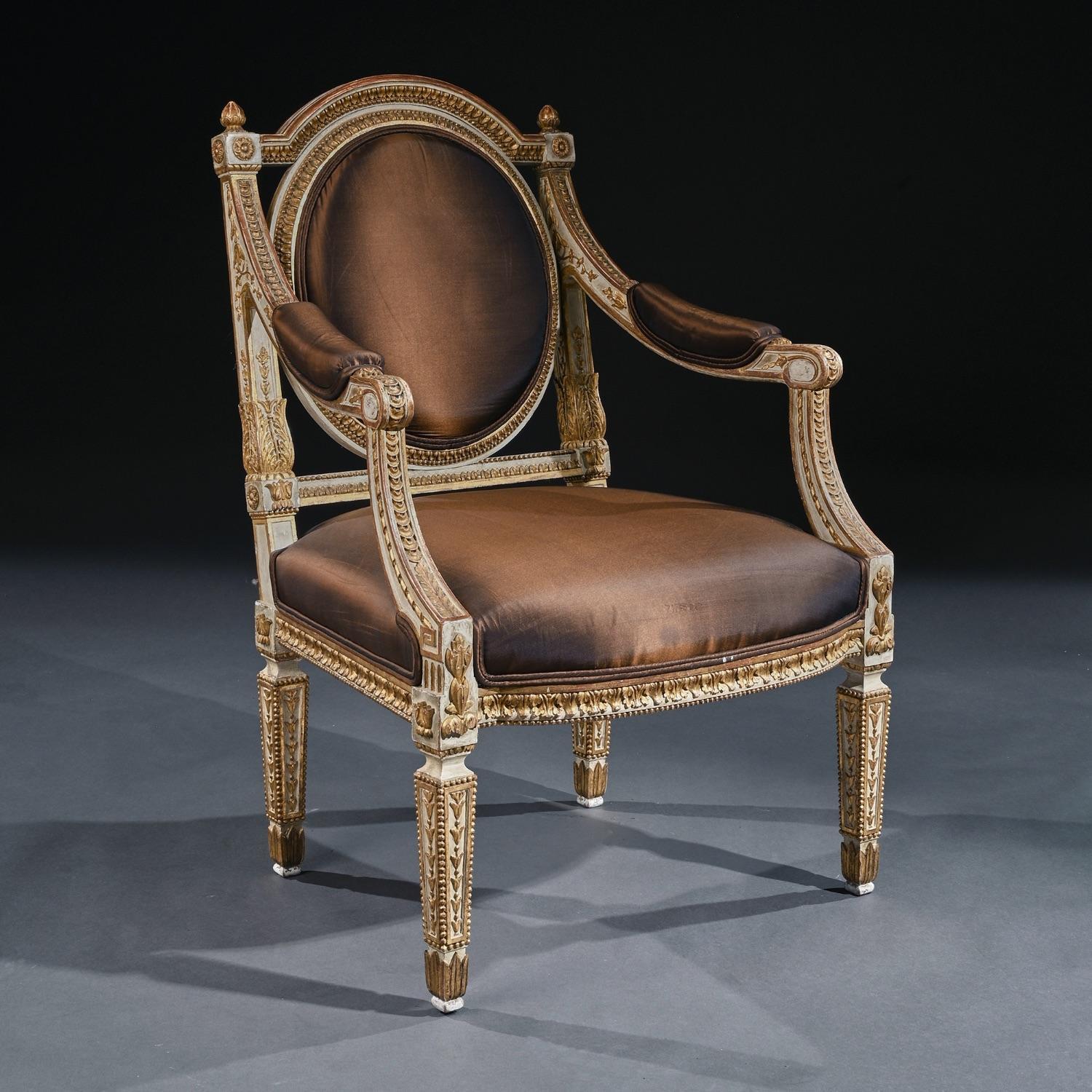 Giltwood 19th Century Italian Parcel Gilt Armchairs of Neoclassical Design