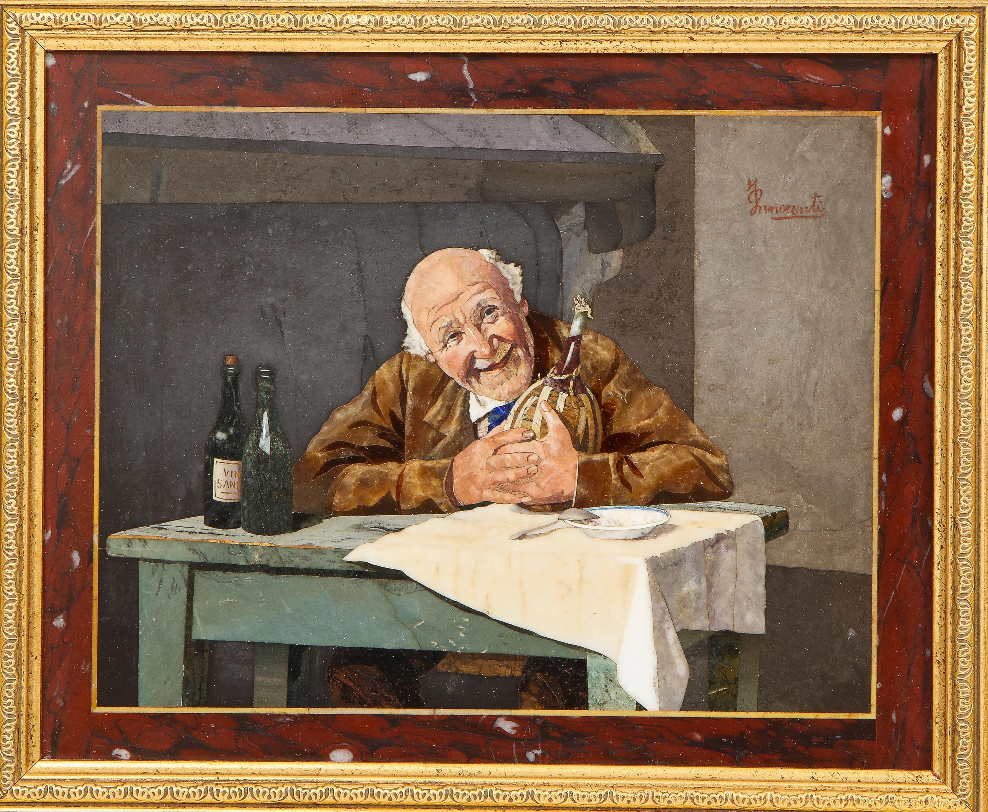 Louis XVI 19th C. Italian Pietra Dura Plaque of Elderly Man with Wine, Signed O. Innocenti