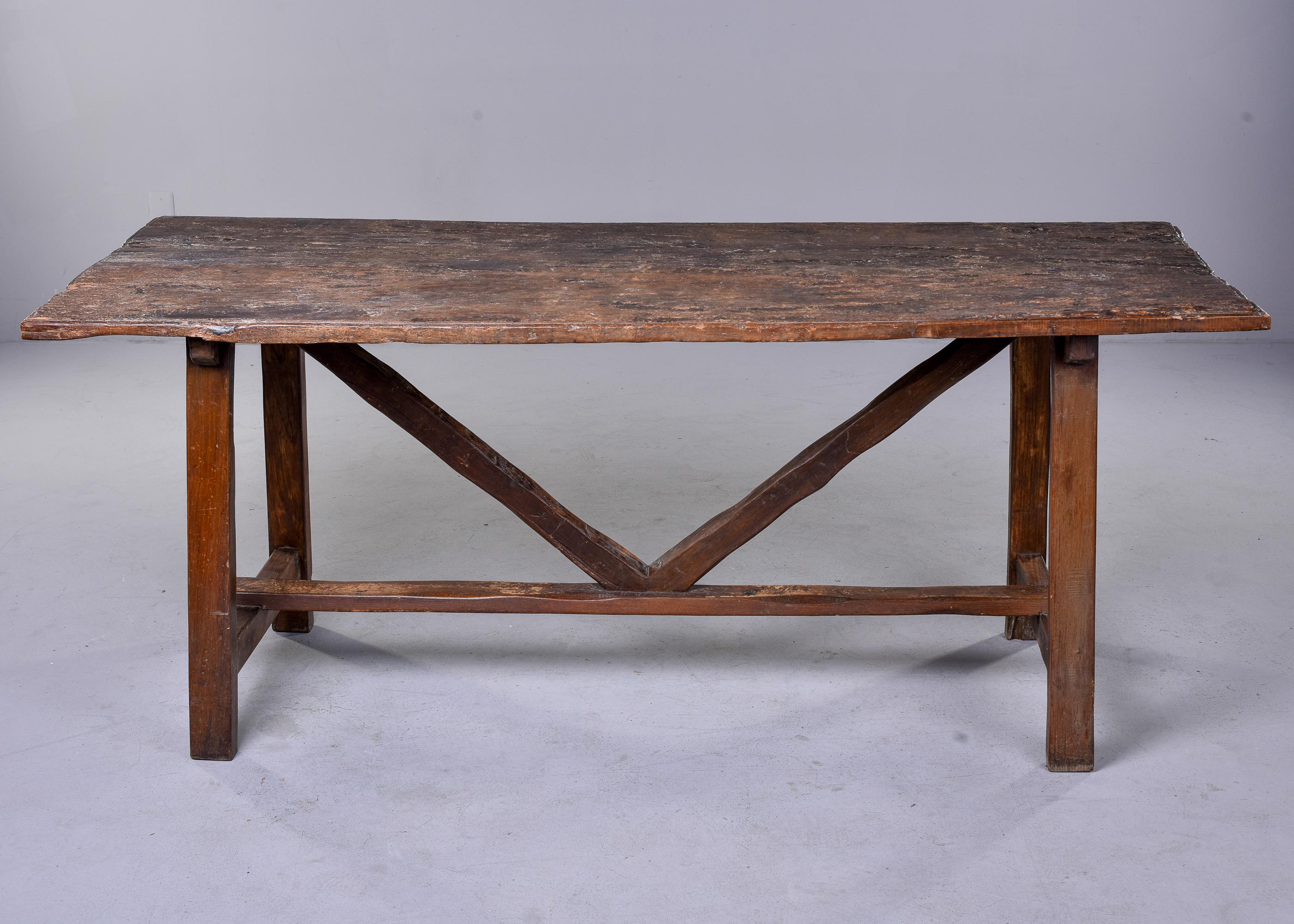 19th C Italian Primitive Dark Oak Trestle Table In Good Condition In Troy, MI