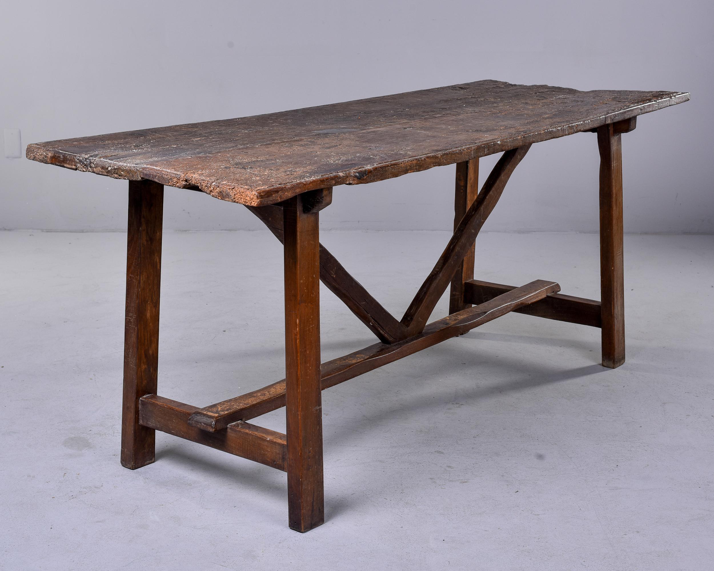 Wood 19th C Italian Primitive Dark Oak Trestle Table