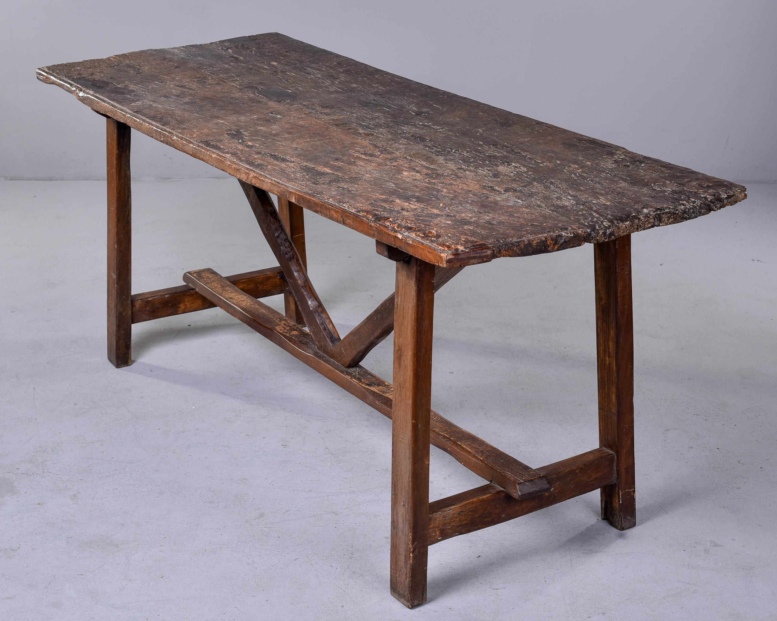 19th C Italian Primitive Dark Oak Trestle Table 1