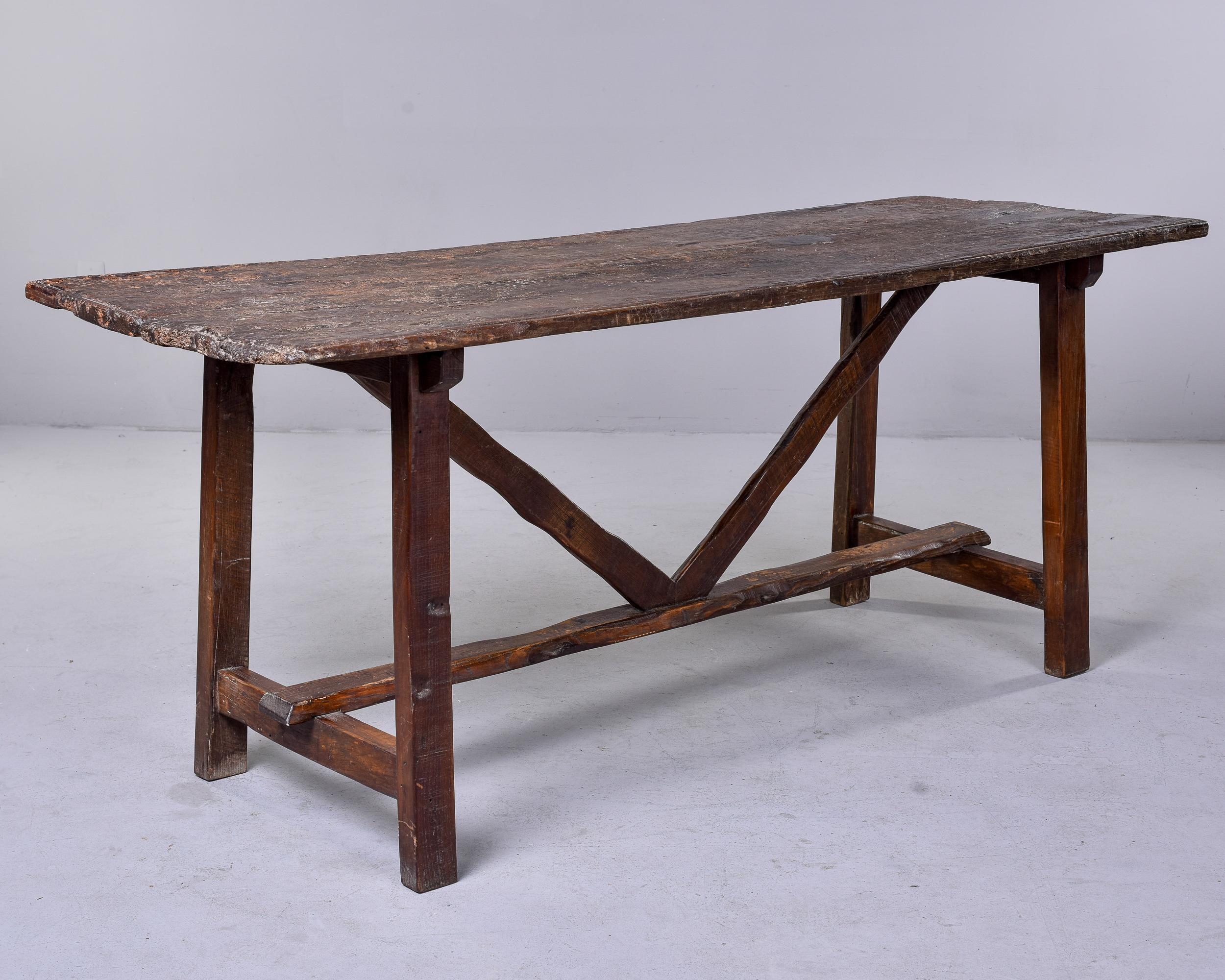19th C Italian Primitive Dark Oak Trestle Table 3