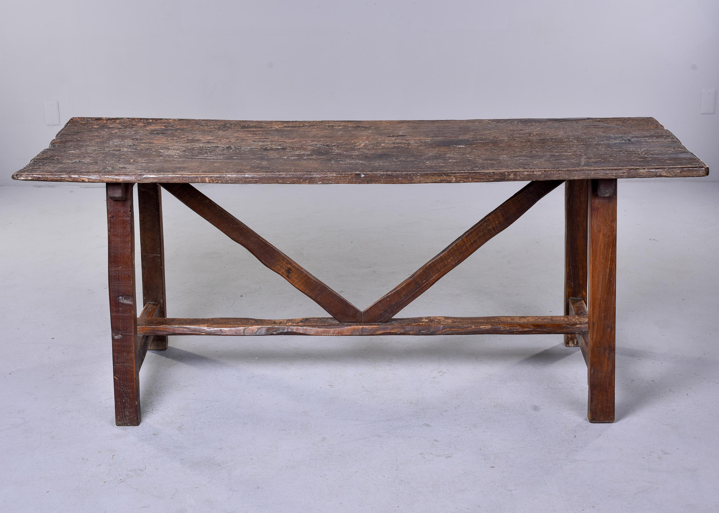 19th C Italian Primitive Dark Oak Trestle Table 4