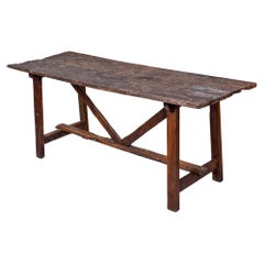 19th C Italian Primitive Dark Oak Trestle Table
