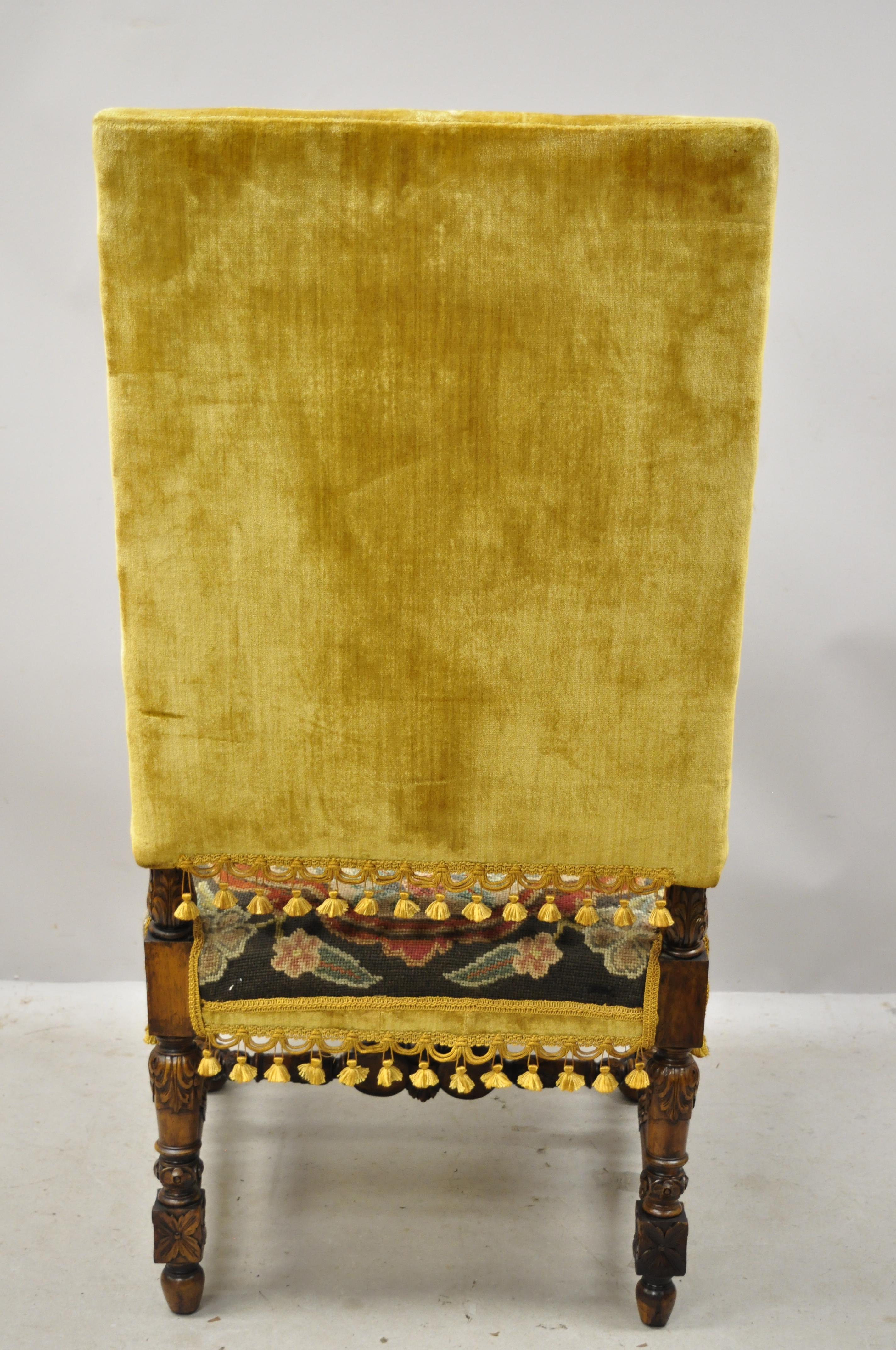 Italian Renaissance Carved Walnut Figural Needlepoint Throne Armchair For Sale 5