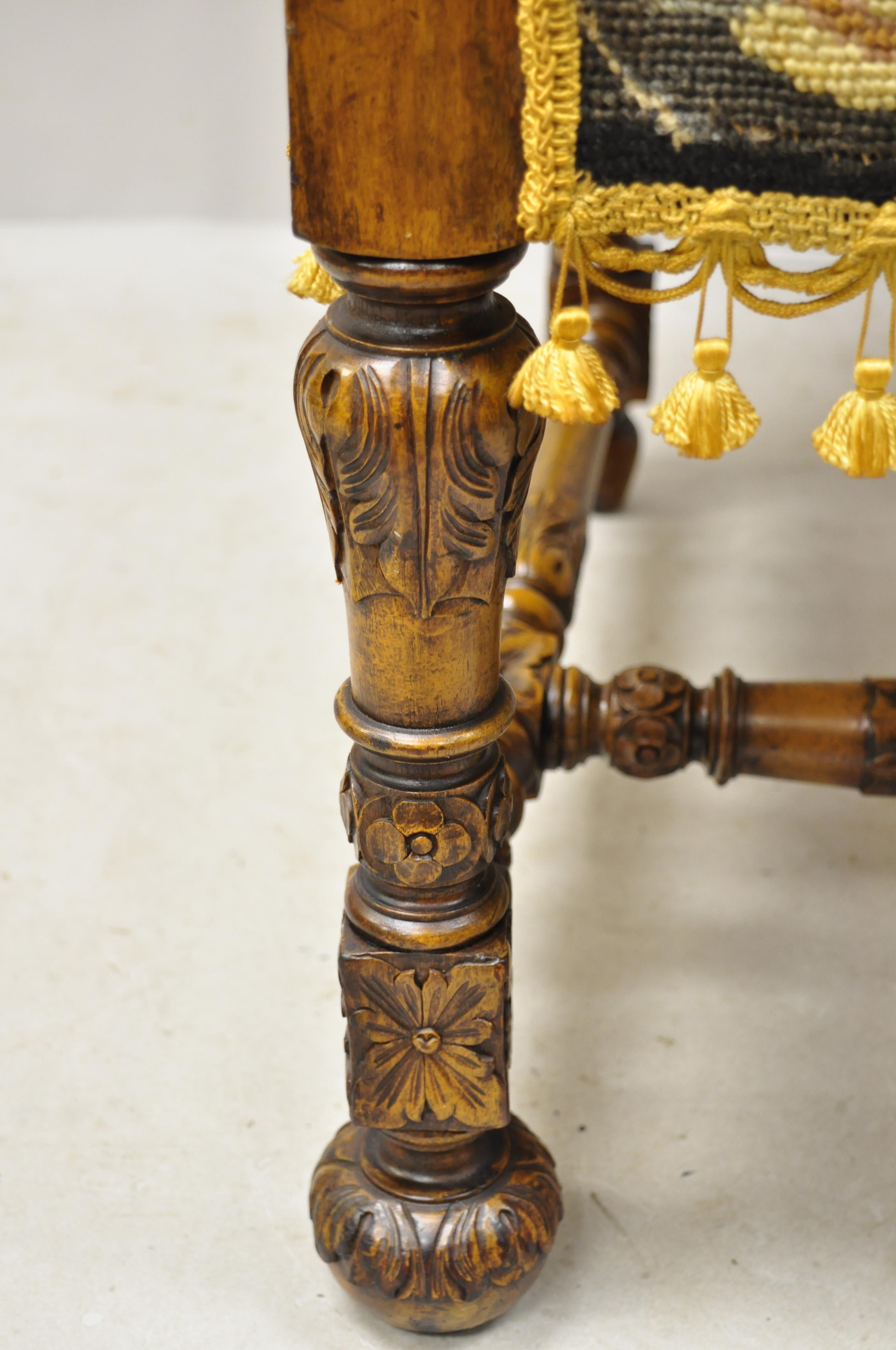 Italian Renaissance Carved Walnut Figural Needlepoint Throne Armchair For Sale 6