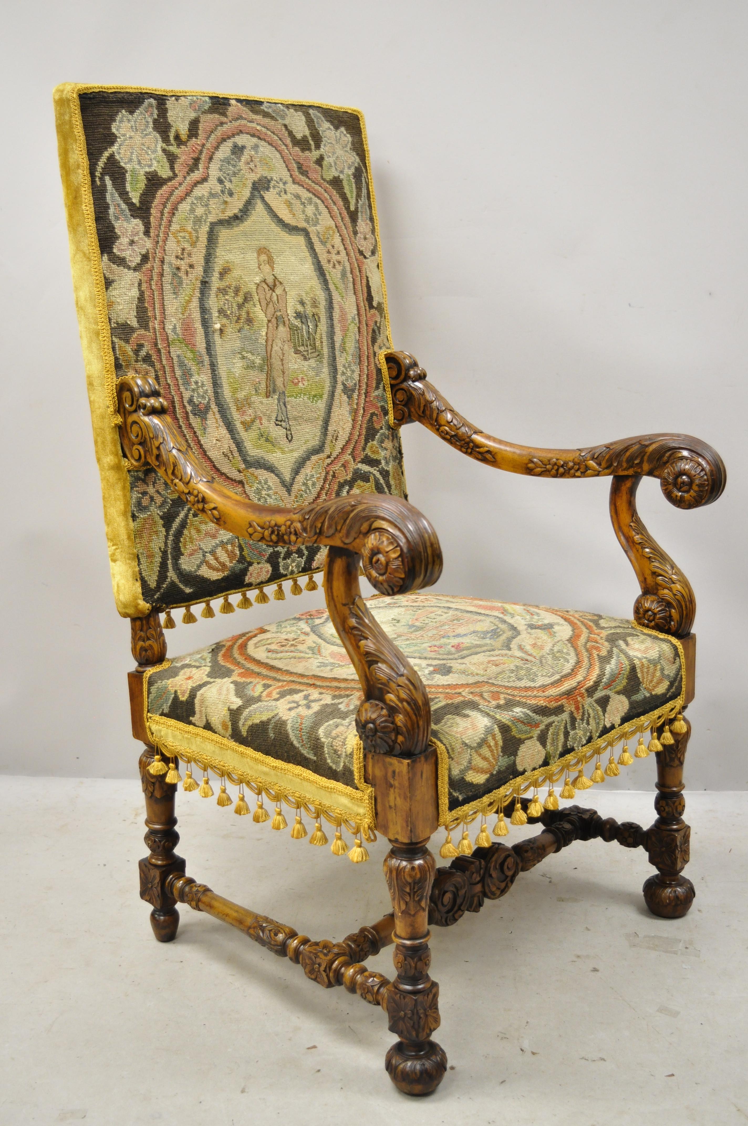 19th century antique Italian Renaissance carved walnut figural needlepoint yellow throne armchair. Item features figural needlepoint back and seat, flower and scroll work carved frame, tall stately back, solid wood construction, finely carved