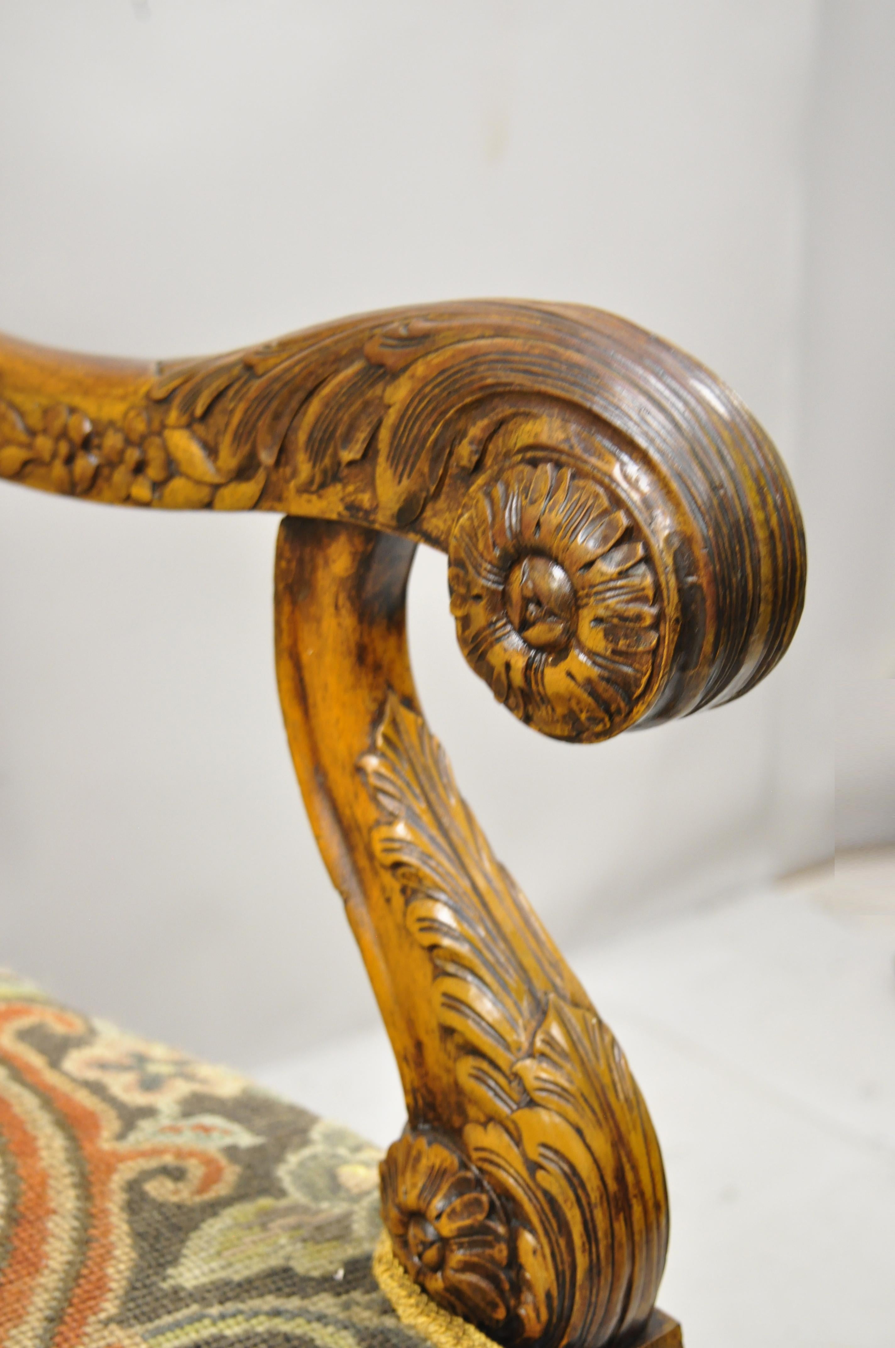 Italian Renaissance Carved Walnut Figural Needlepoint Throne Armchair For Sale 1