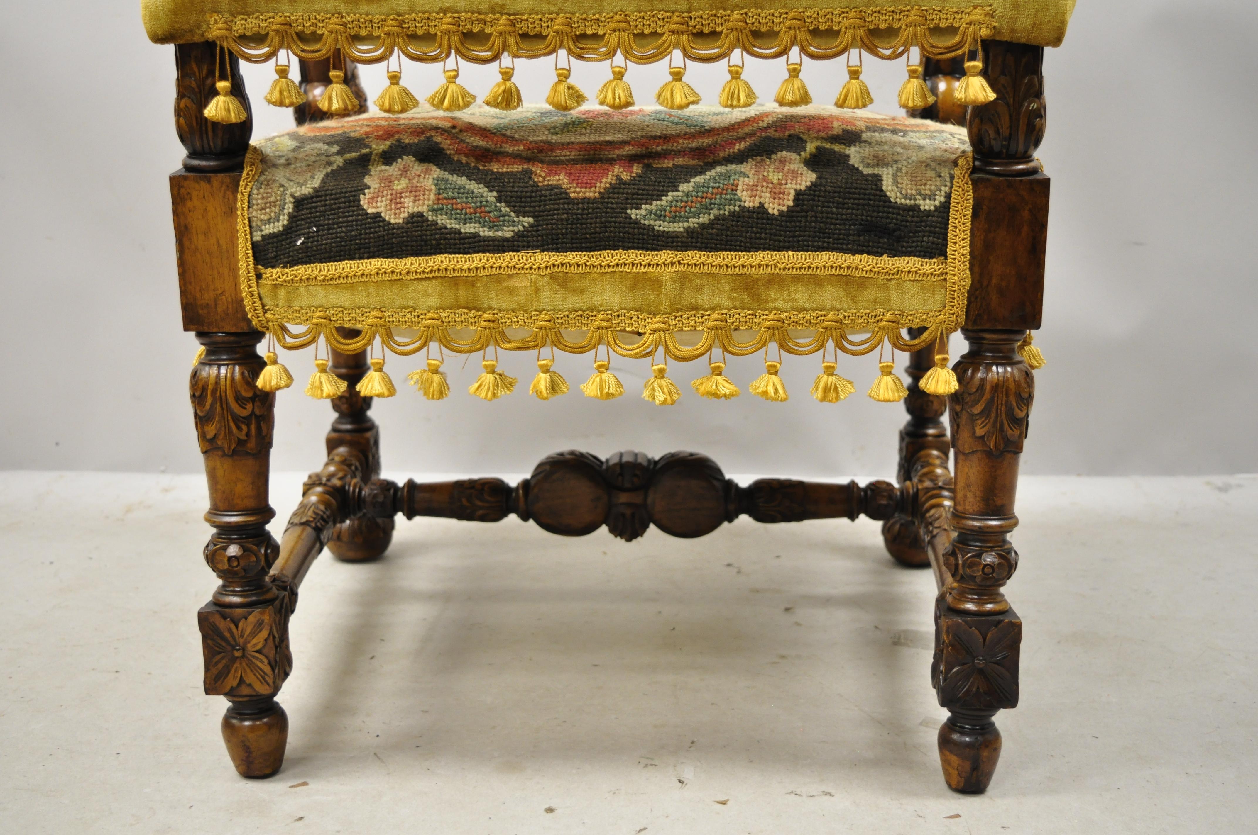 Italian Renaissance Carved Walnut Figural Needlepoint Throne Armchair For Sale 4