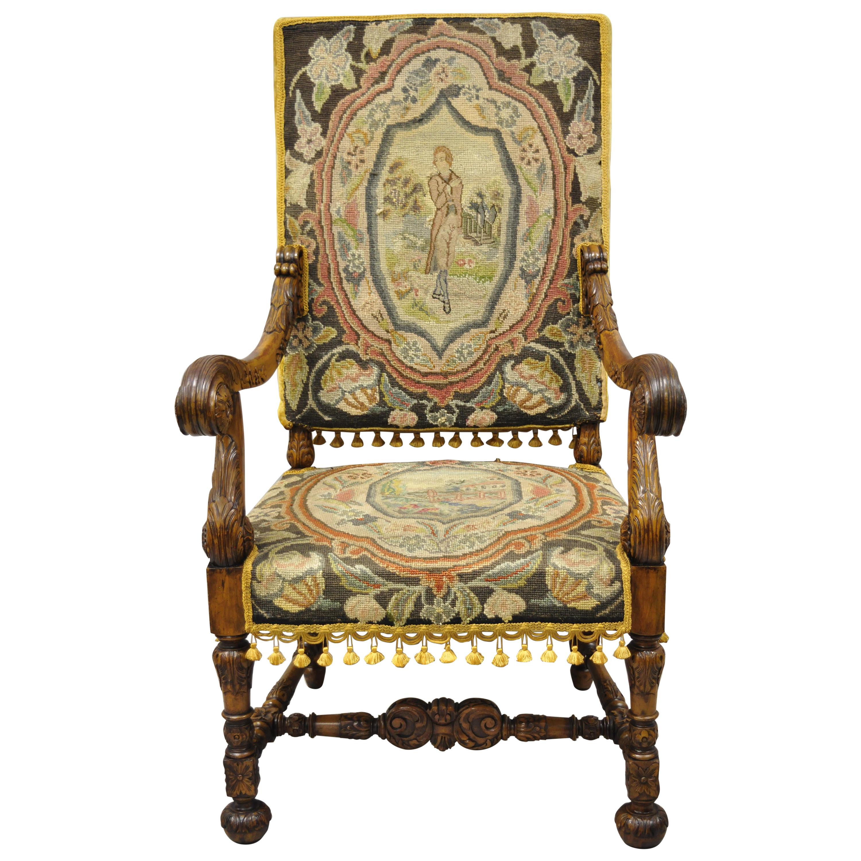 Italian Renaissance Carved Walnut Figural Needlepoint Throne Armchair For Sale