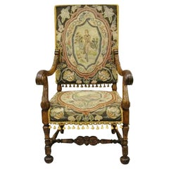 19th C Italian Renaissance Carved Walnut Figural Needlepoint Throne Arm Chair