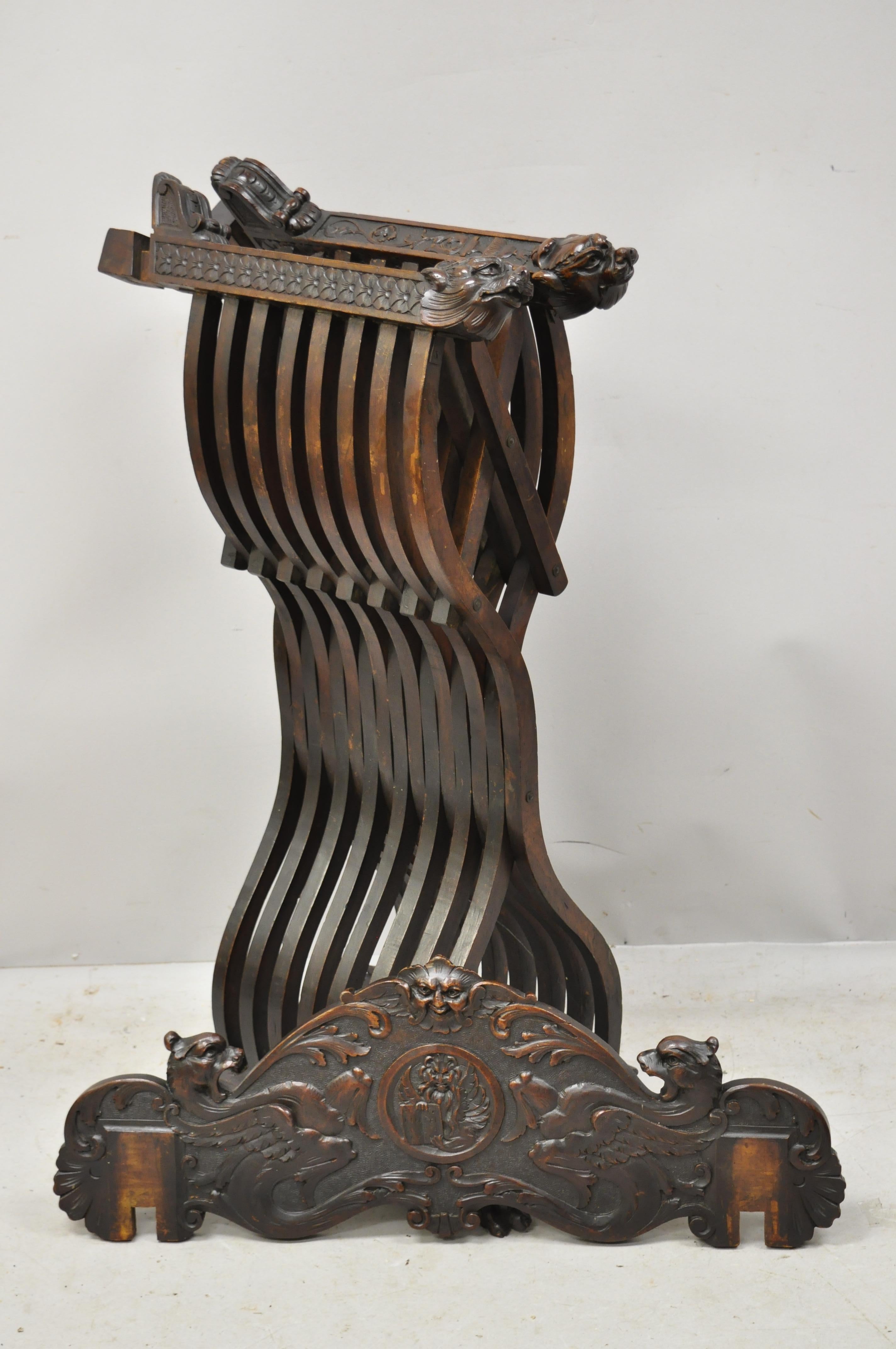 Italian Renaissance Figural Lion Carved Mahogany Savonarola Throne Chair 5