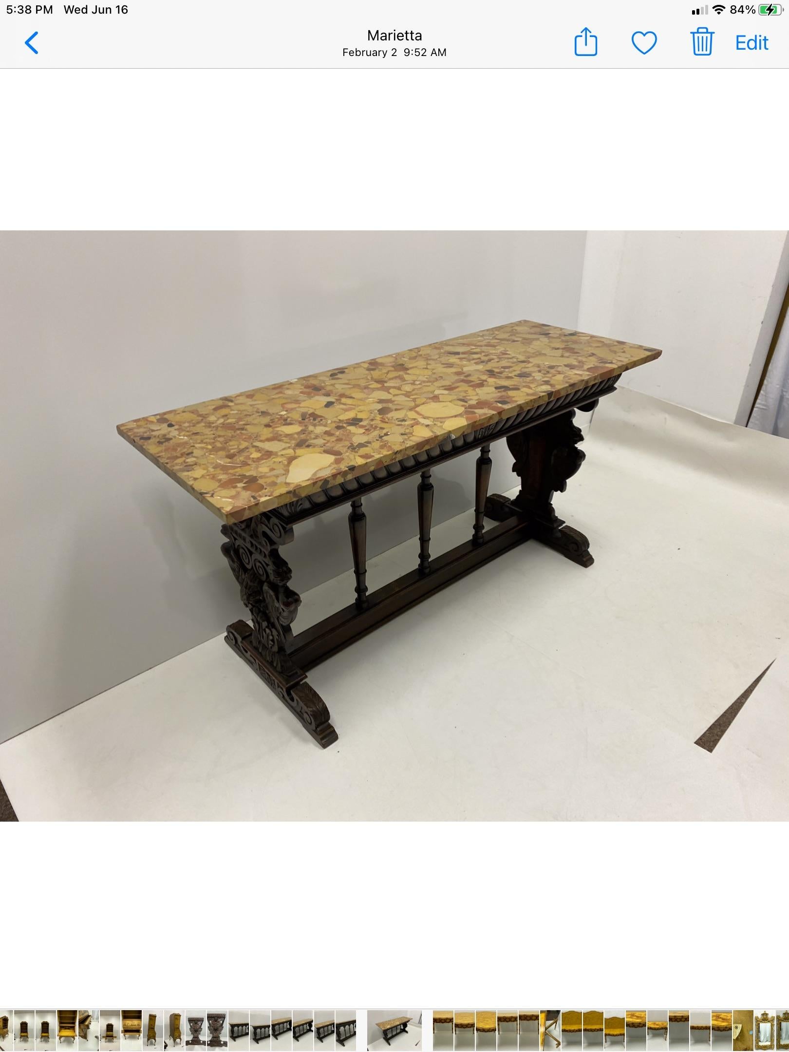 19th C. Italian Renaissance Style Walnut and Siena Marble Console Table For Sale 1