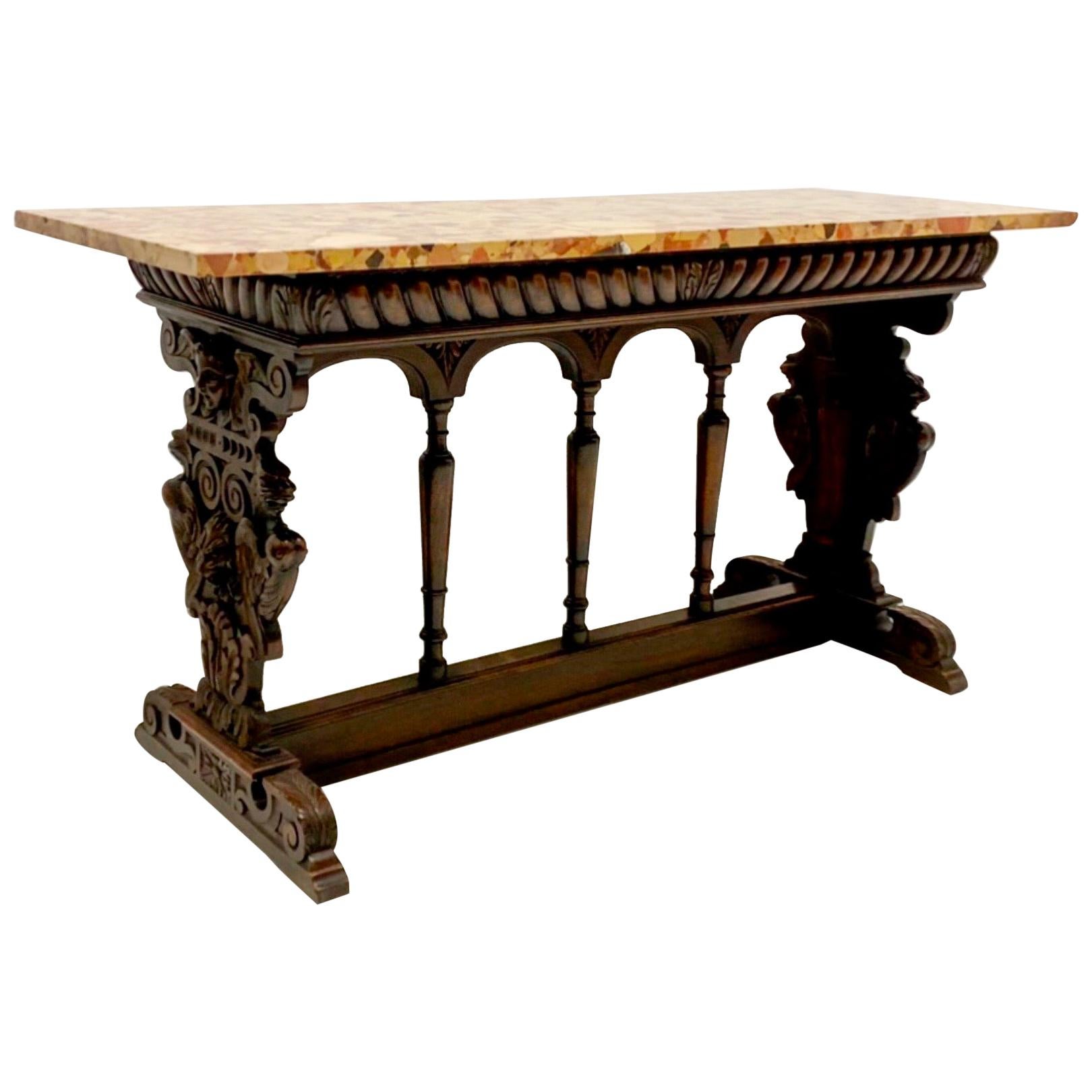 19th C. Italian Renaissance Style Walnut and Siena Marble Console Table For Sale