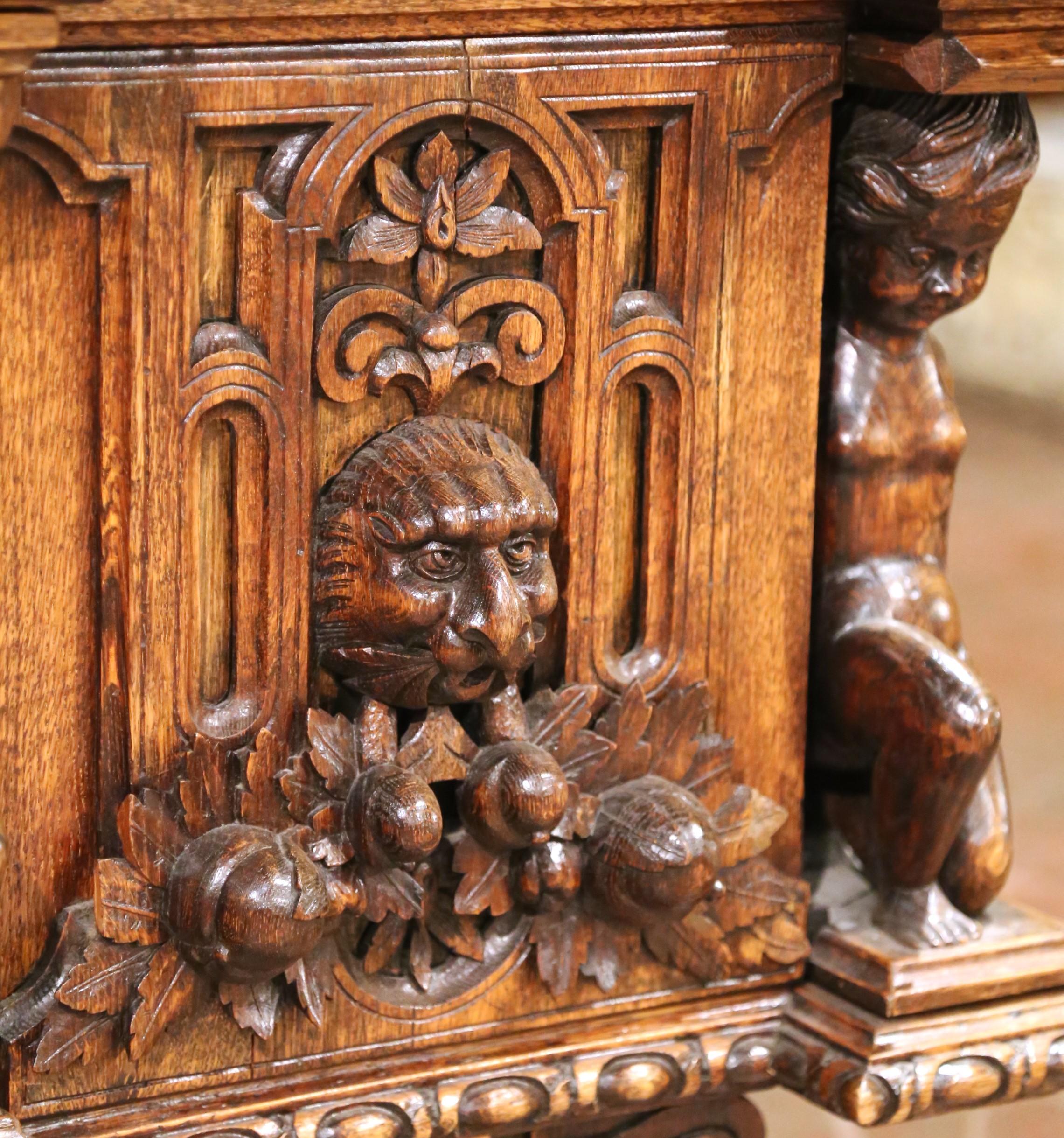 19th C. Italian Renaissance Three-Piece Carved Oak Partner Desk with Leather Top For Sale 6