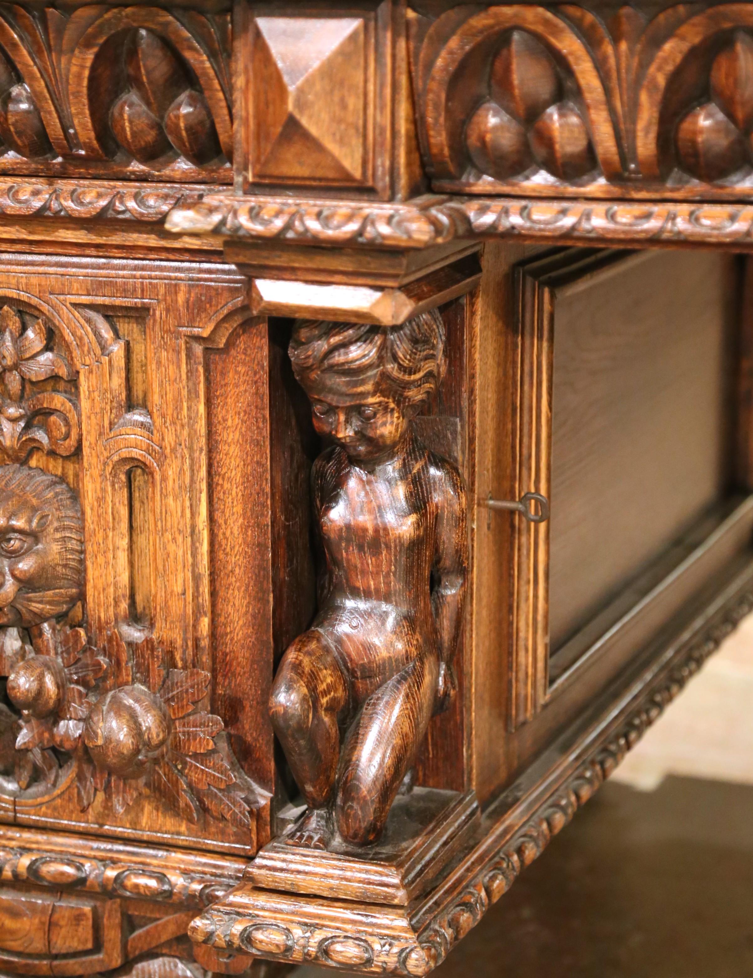 19th C. Italian Renaissance Three-Piece Carved Oak Partner Desk with Leather Top For Sale 7