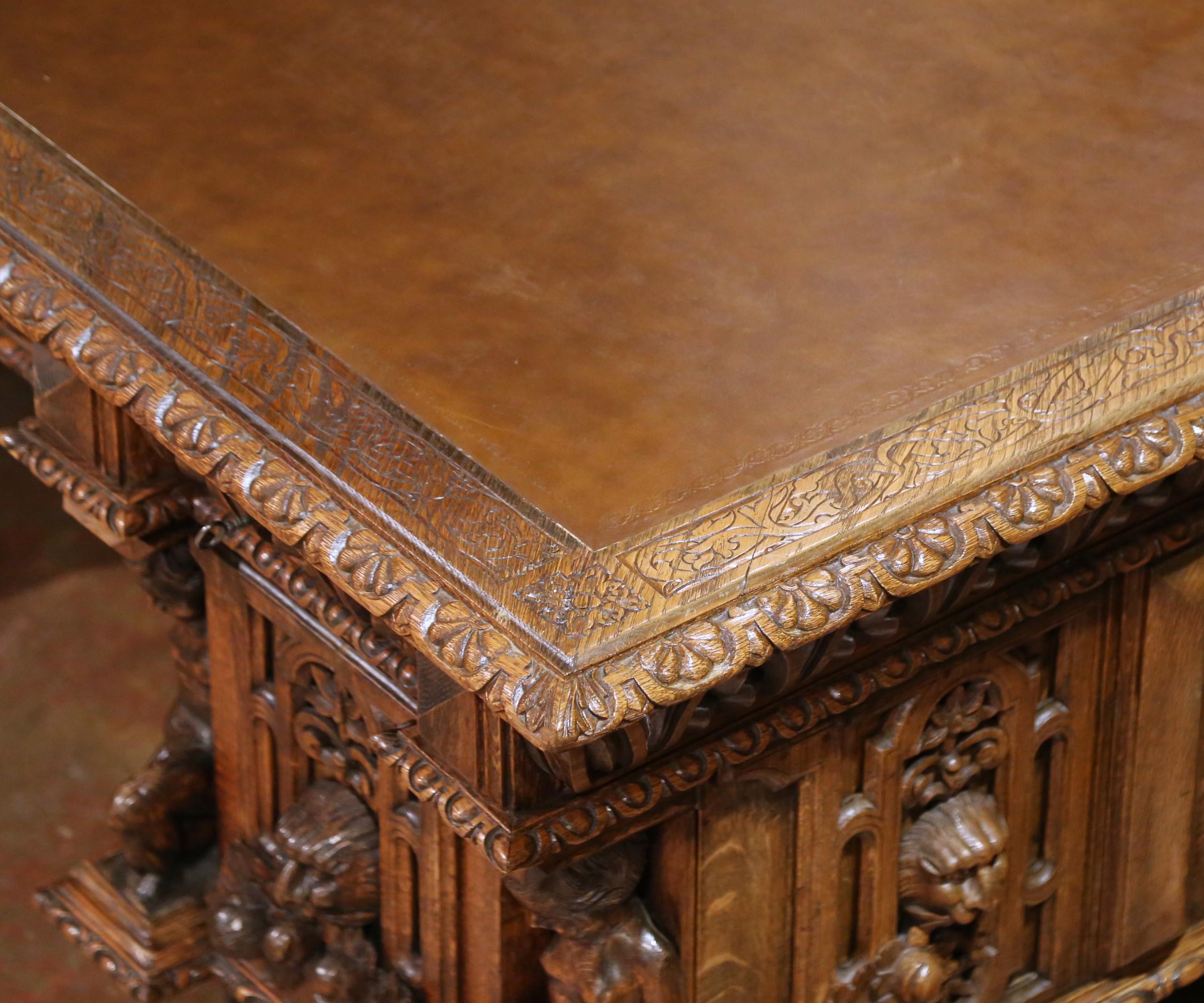 19th C. Italian Renaissance Three-Piece Carved Oak Partner Desk with Leather Top For Sale 10