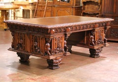 19th C. Italian Renaissance Three-Piece Carved Oak Partner Desk with Leather Top