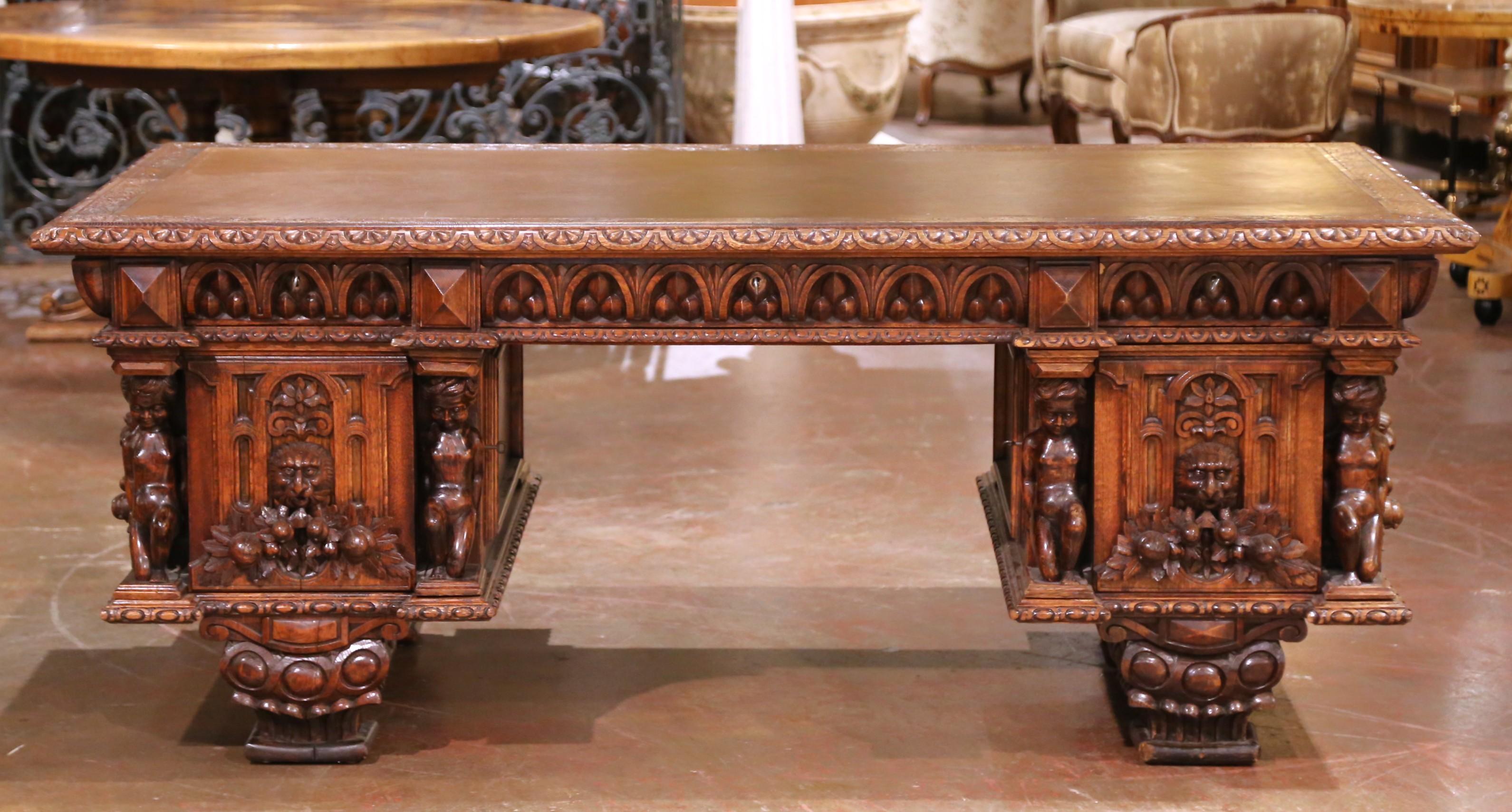 Hand-Carved 19th C. Italian Renaissance Three-Piece Carved Oak Partner Desk with Leather Top For Sale