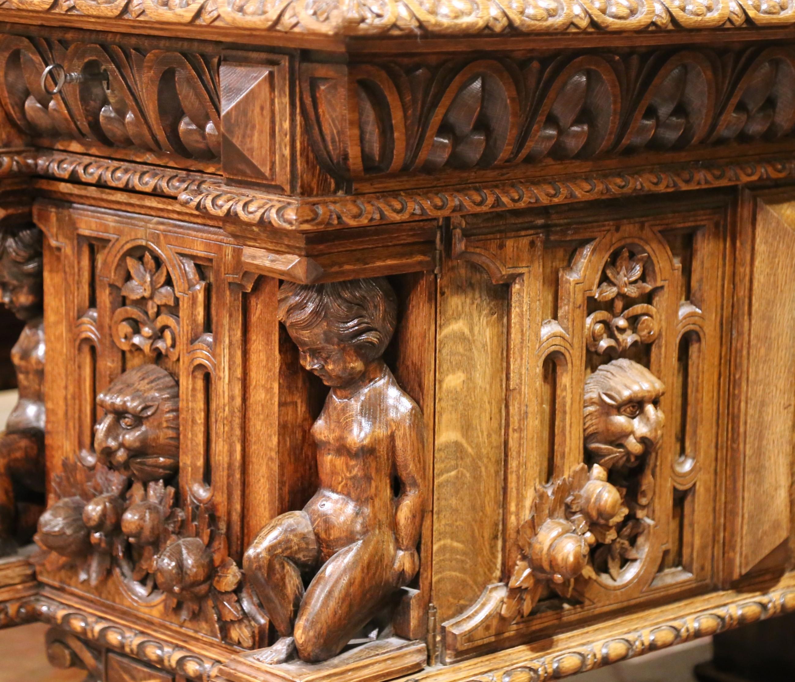 19th Century 19th C. Italian Renaissance Three-Piece Carved Oak Partner Desk with Leather Top For Sale
