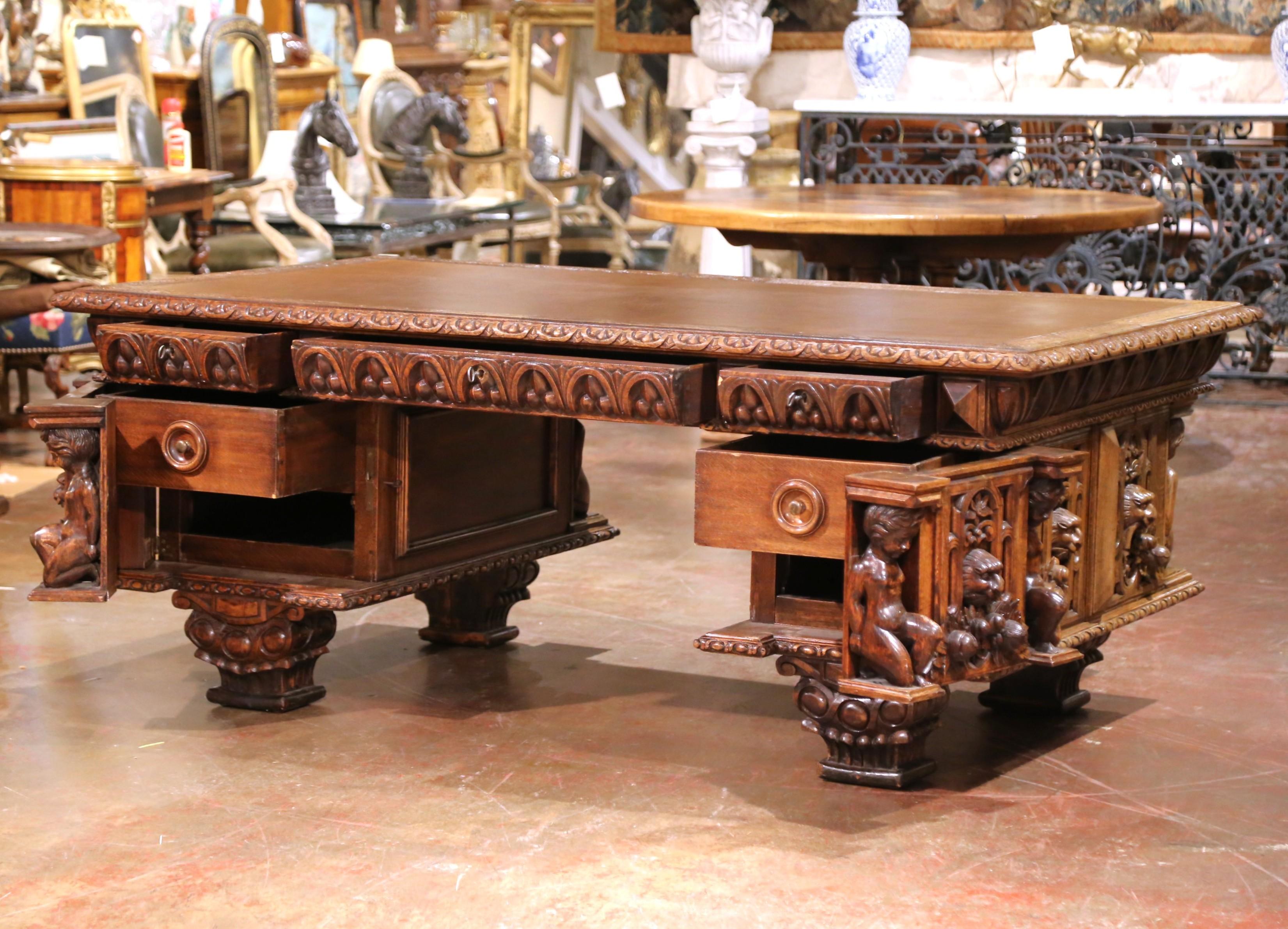 19th C. Italian Renaissance Three-Piece Carved Oak Partner Desk with Leather Top For Sale 2