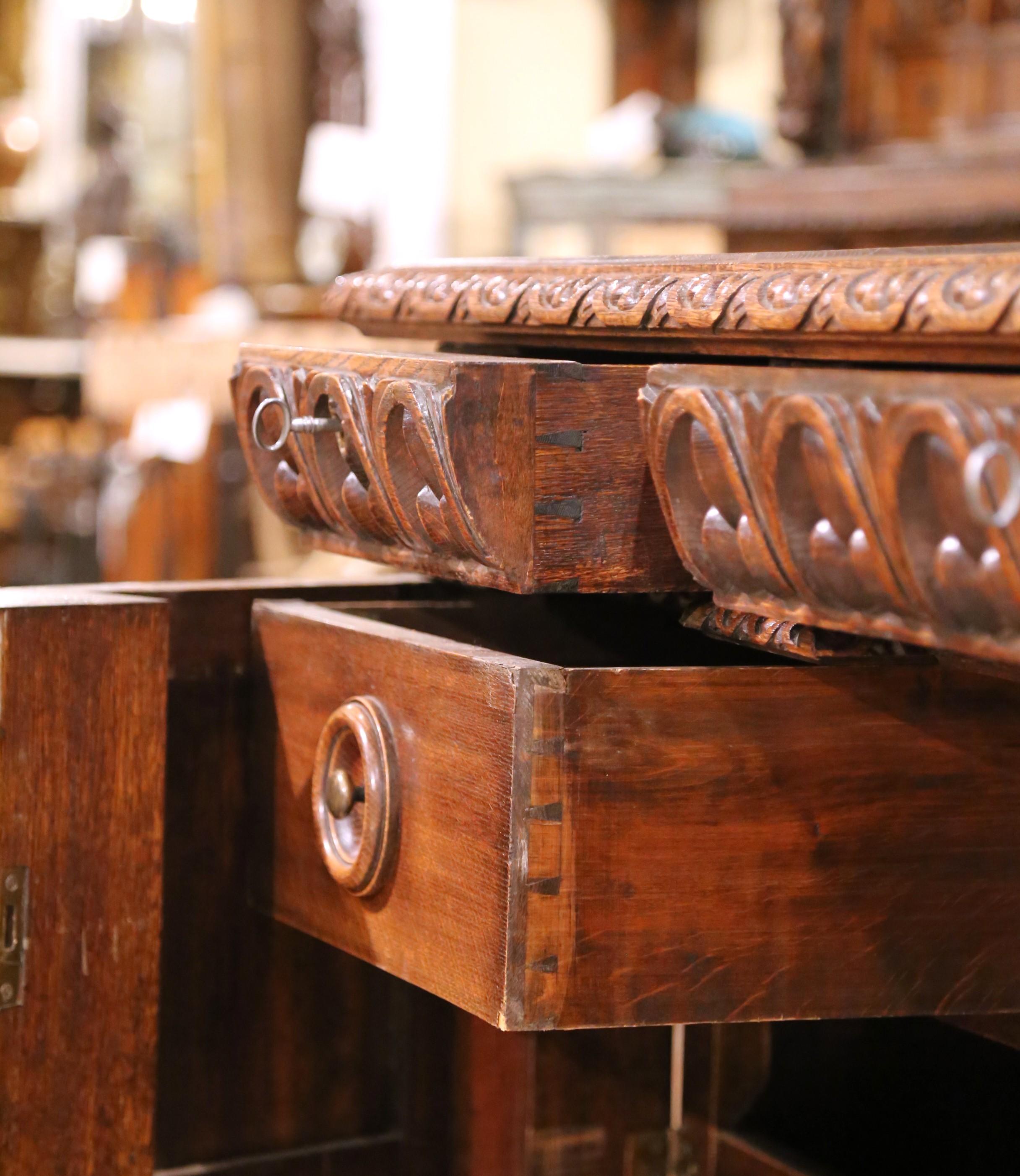19th C. Italian Renaissance Three-Piece Carved Oak Partner Desk with Leather Top For Sale 4