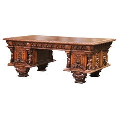 19th C. Italian Renaissance Three-Piece Carved Oak Partner Desk with Leather Top