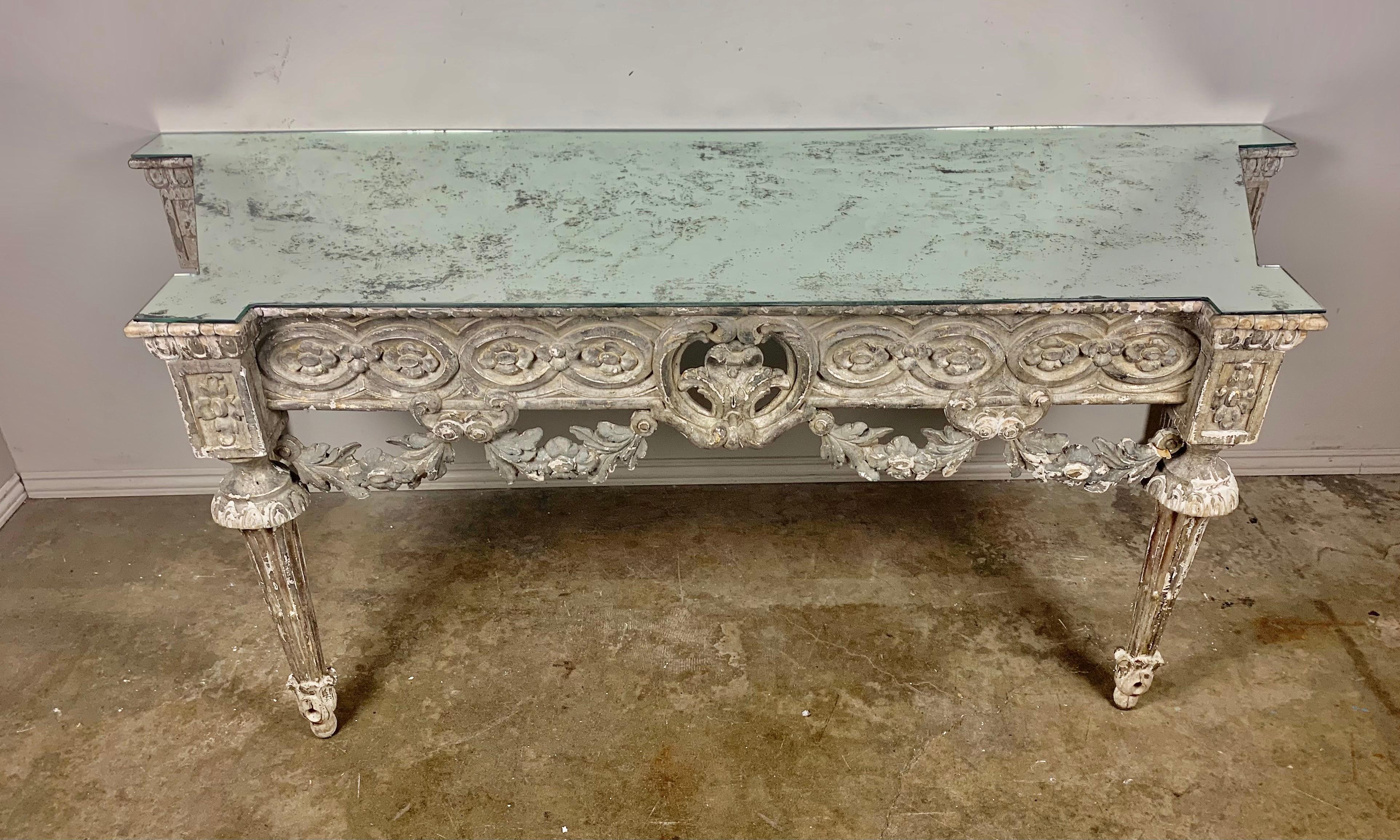 19th Century Italian Rococo Style Console with Mirrored Top In Distressed Condition In Los Angeles, CA