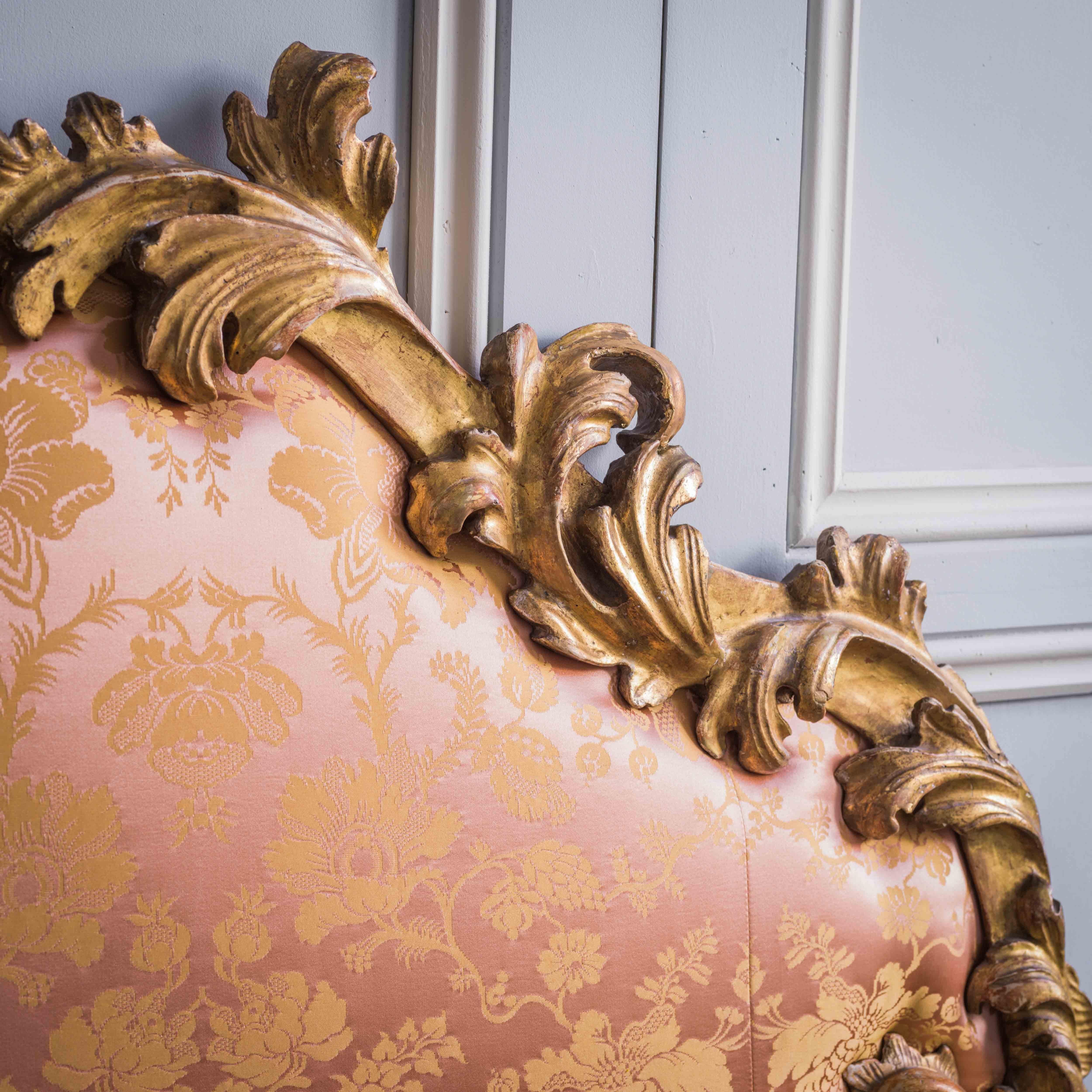 Hand-Carved 19th C. Italian Rococo Style Giltwood Headboard Upholstered in Tassinari Damask