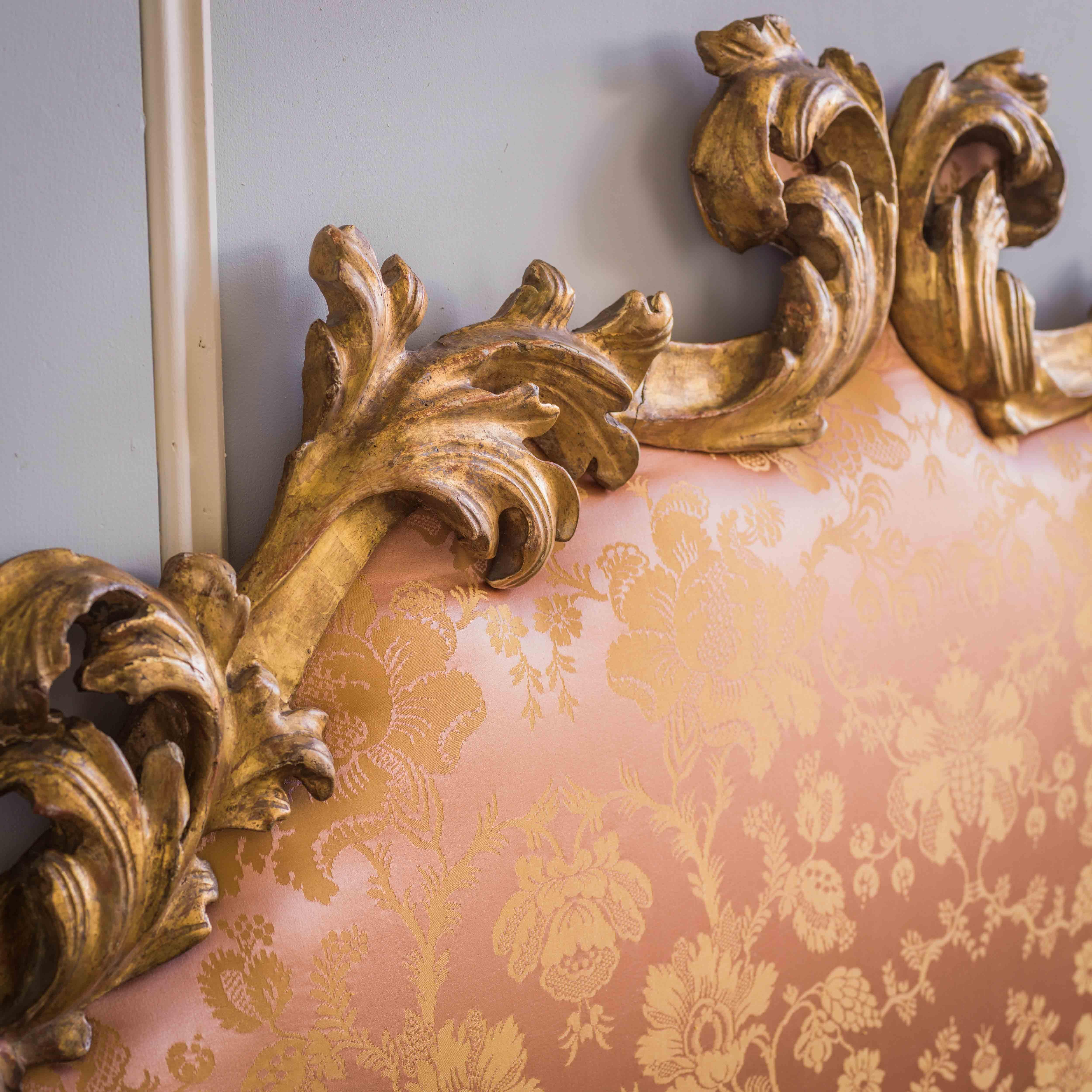 19th C. Italian Rococo Style Giltwood Headboard Upholstered in Tassinari Damask 1