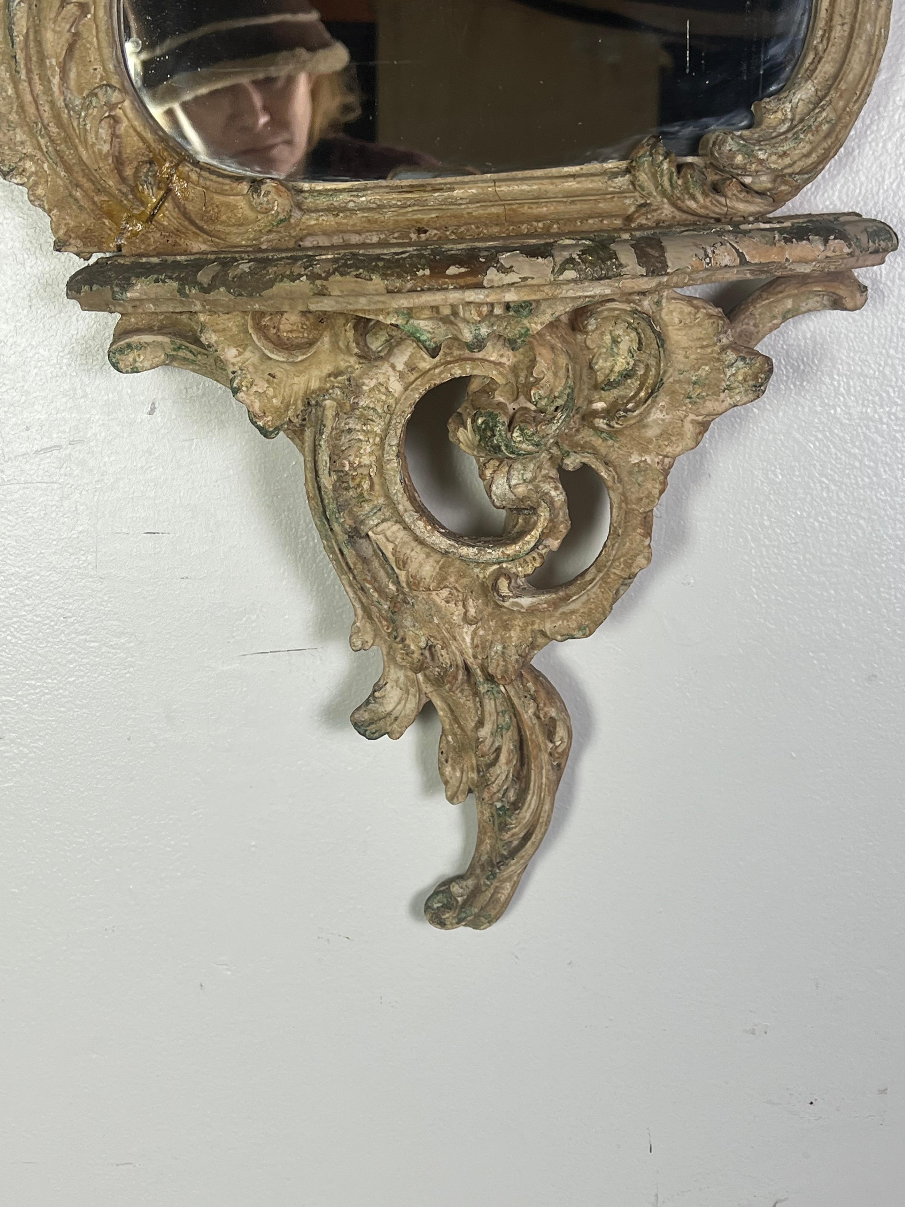 Hand-Carved 19th C. Italian Rococo Style Mirror w/ Attached Shelf