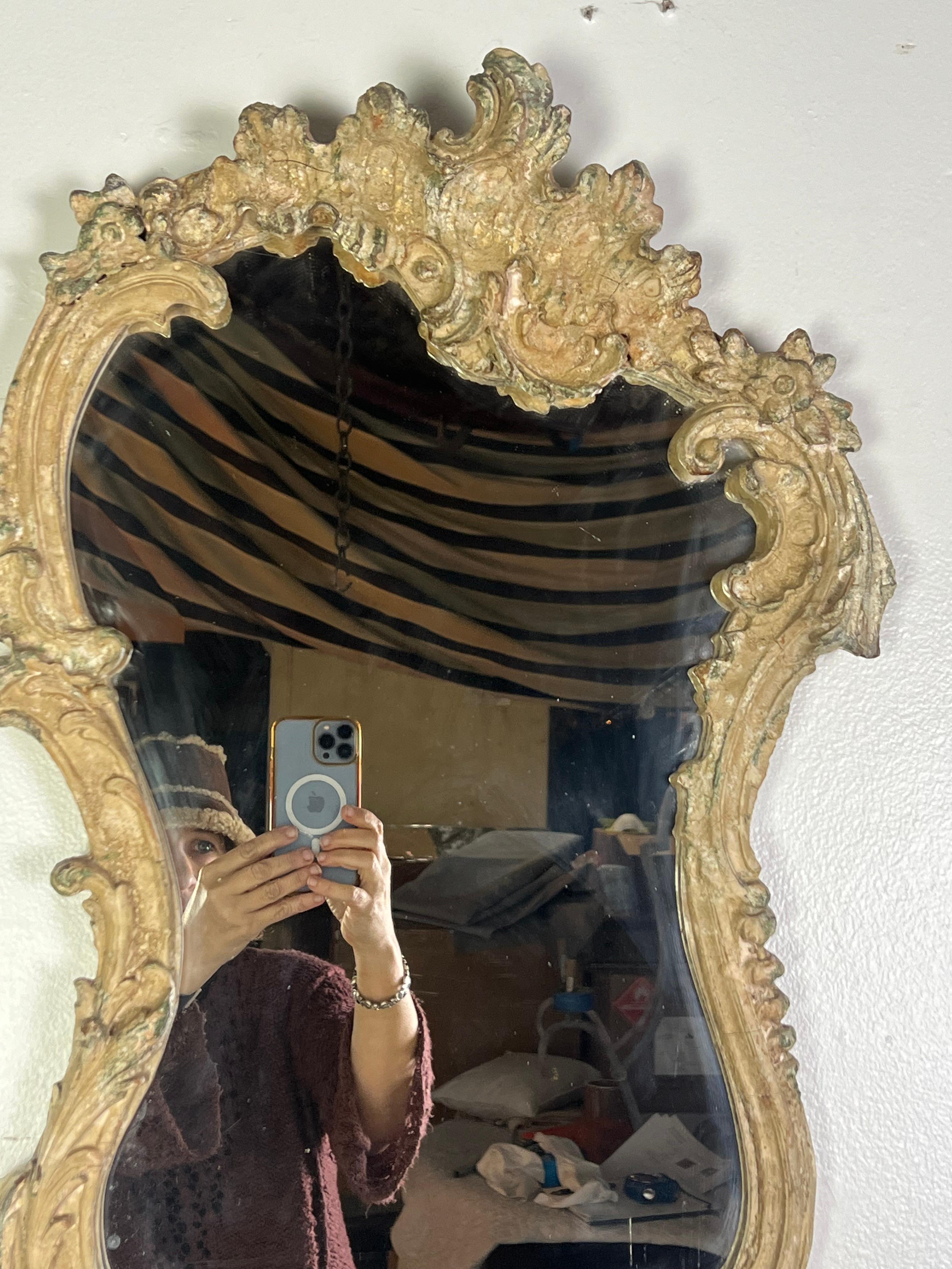19th C. Italian Rococo Style Mirror w/ Attached Shelf In Distressed Condition In Los Angeles, CA