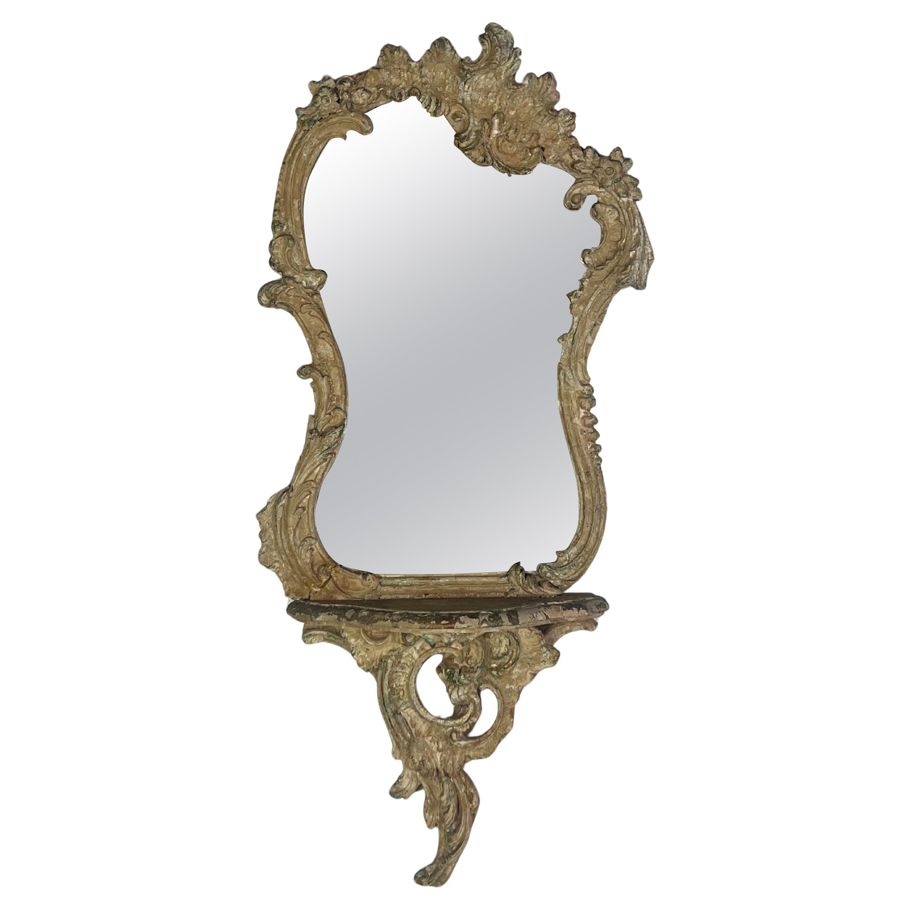 19th C. Italian Rococo Style Mirror w/ Attached Shelf