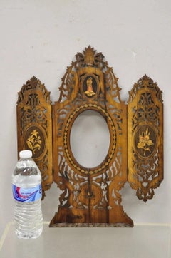 19th C Italian Sorrento Folding Marquetry Inlay Small Picture Frame Wall Mirror