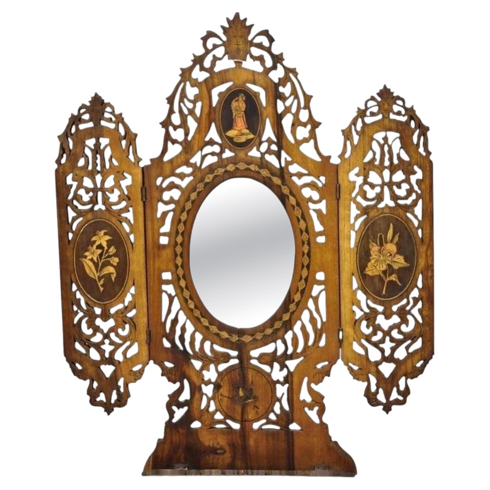 19th C Italian Sorrento Folding Marquetry Inlay Small Picture Frame Wall Mirror